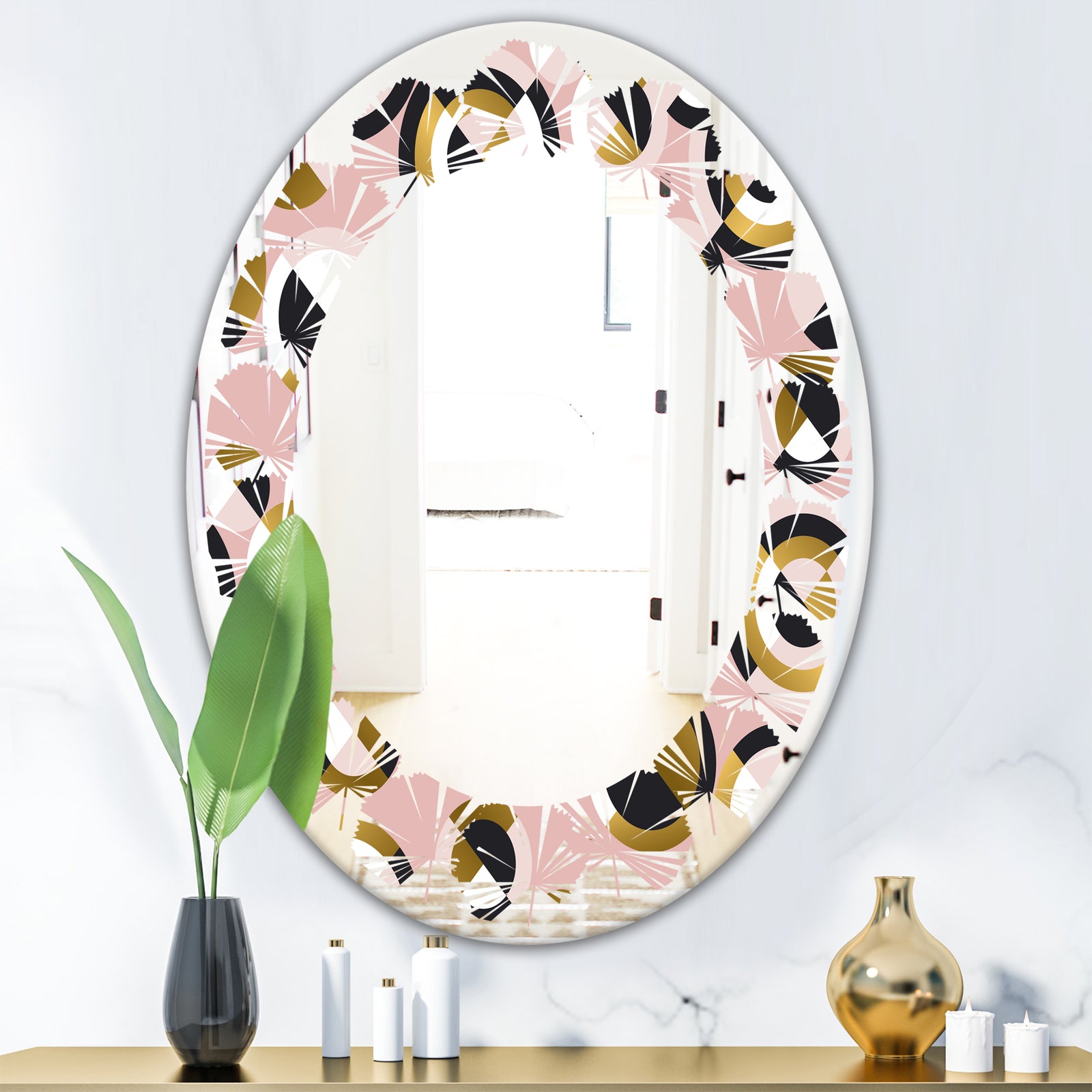 Circular geometric shapes retro pattern - Modern Round or Oval Wall Mirror - Leaves