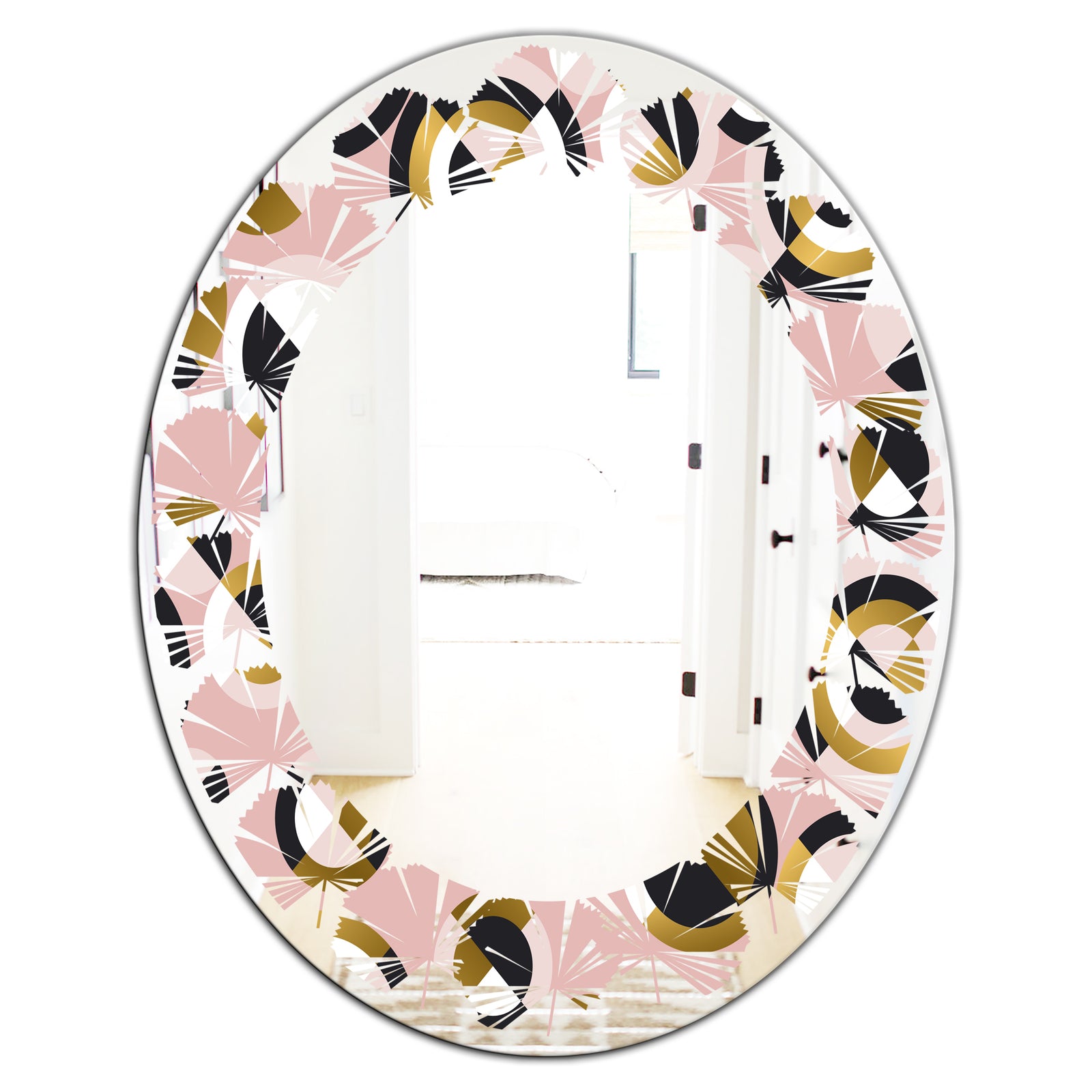Circular geometric shapes retro pattern - Modern Round or Oval Wall Mirror - Leaves