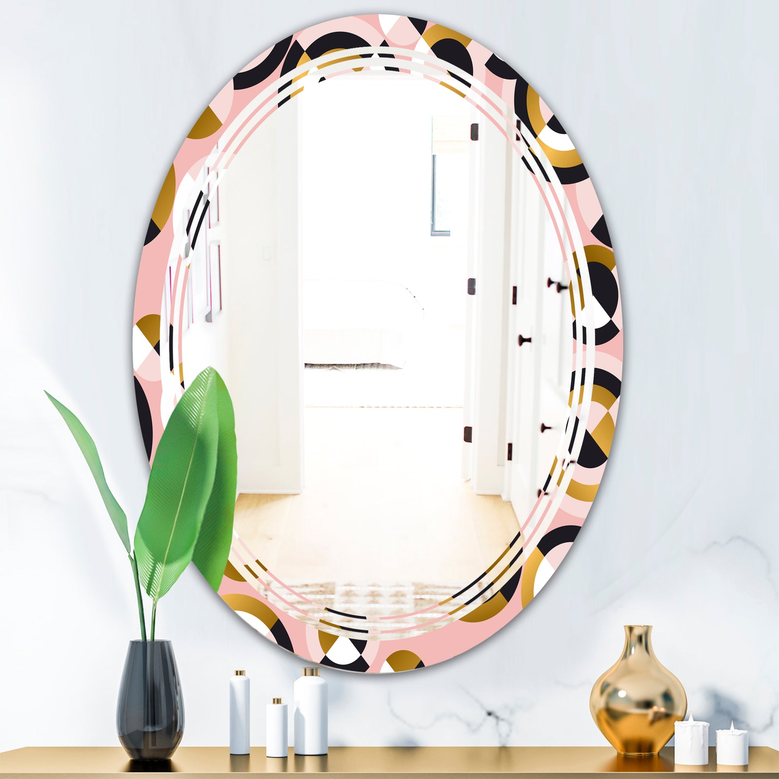 Circular geometric shapes retro pattern - Modern Round or Oval Wall Mirror - Triple C