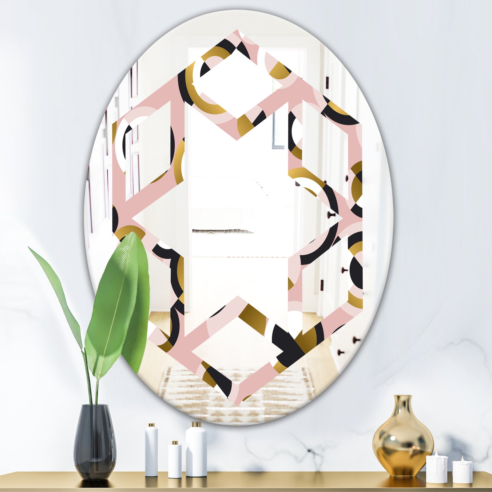 Circular geometric shapes retro pattern - Modern Round or Oval Wall Mirror - Hexagon Star