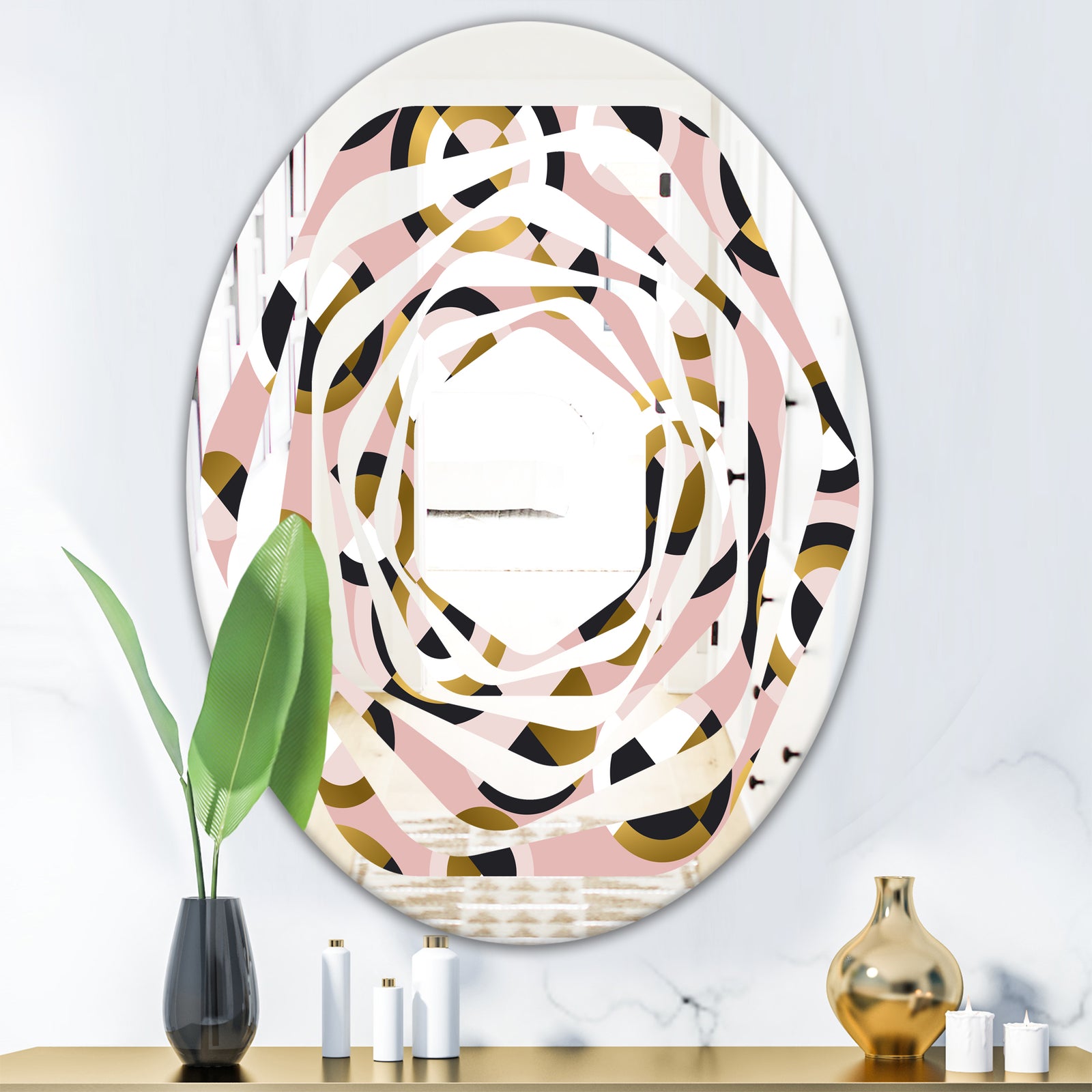 Circular geometric shapes retro pattern - Modern Round or Oval Wall Mirror - Whirl
