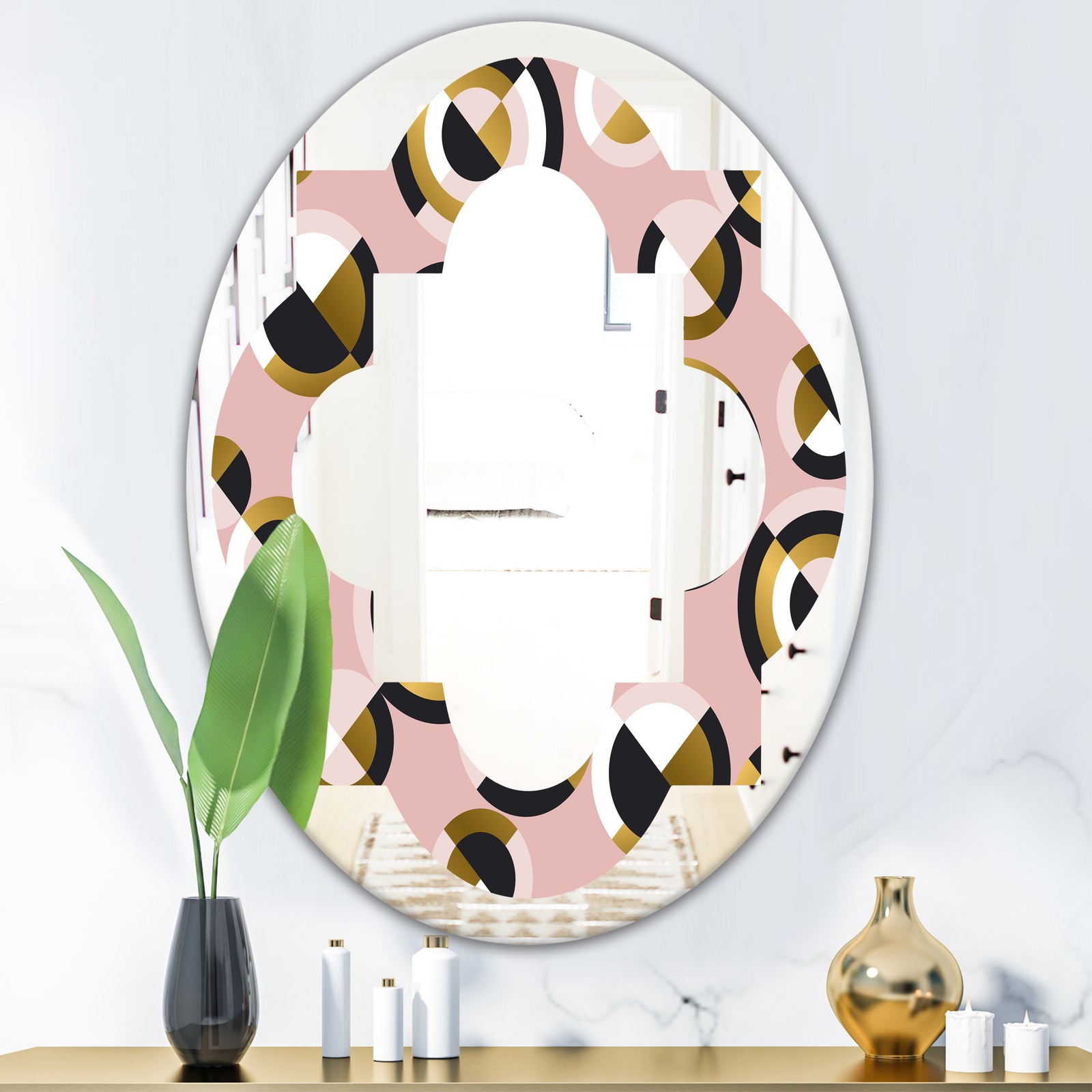 Circular geometric shapes retro pattern - Modern Round or Oval Wall Mirror - Quatrefoil