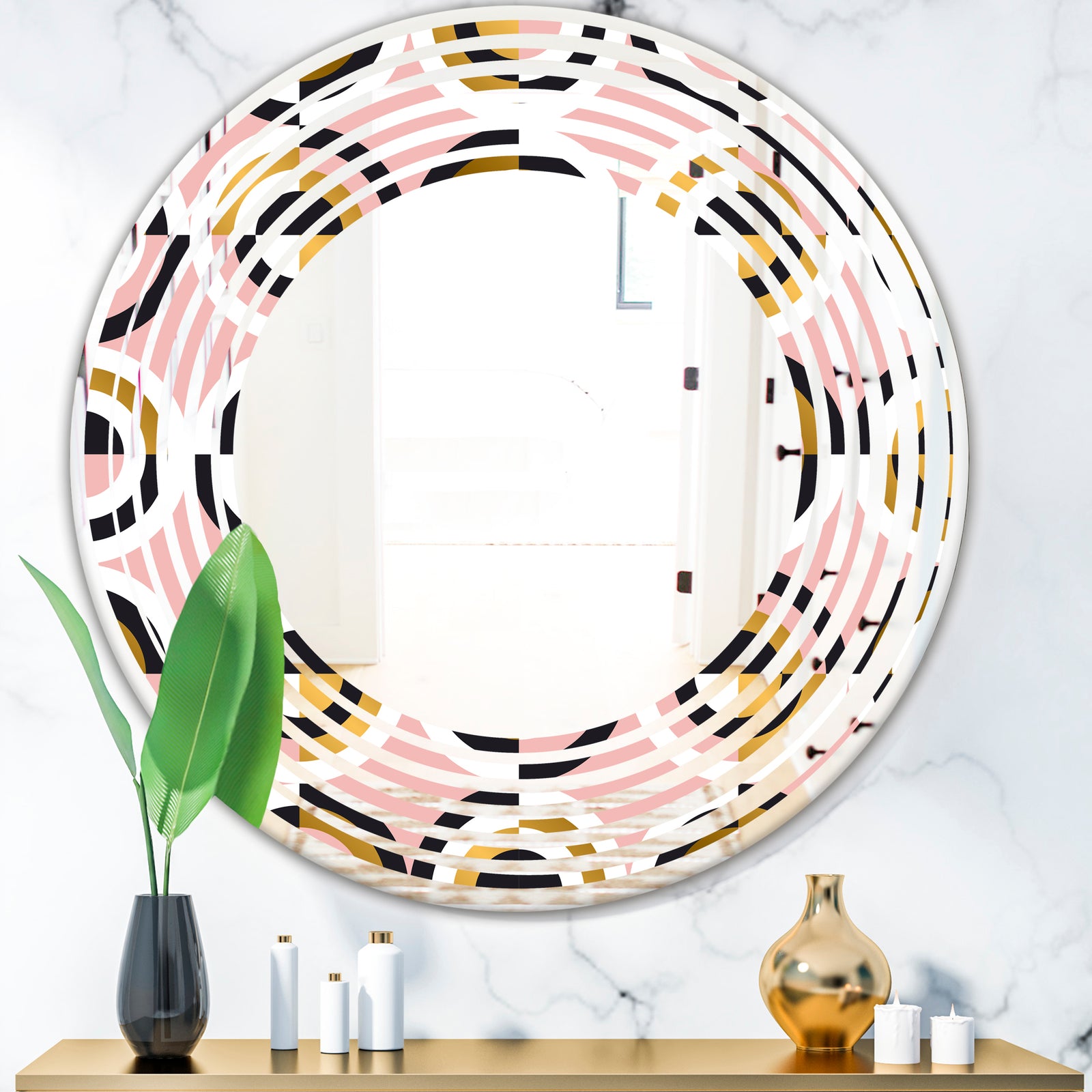 Abstract Geometric Circular Retro I - Modern Round or Oval Wall Mirror - Wave