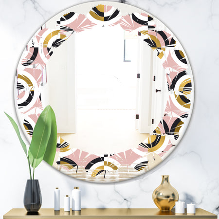 Abstract Geometric Circular Retro I - Modern Round or Oval Wall Mirror - Leaves