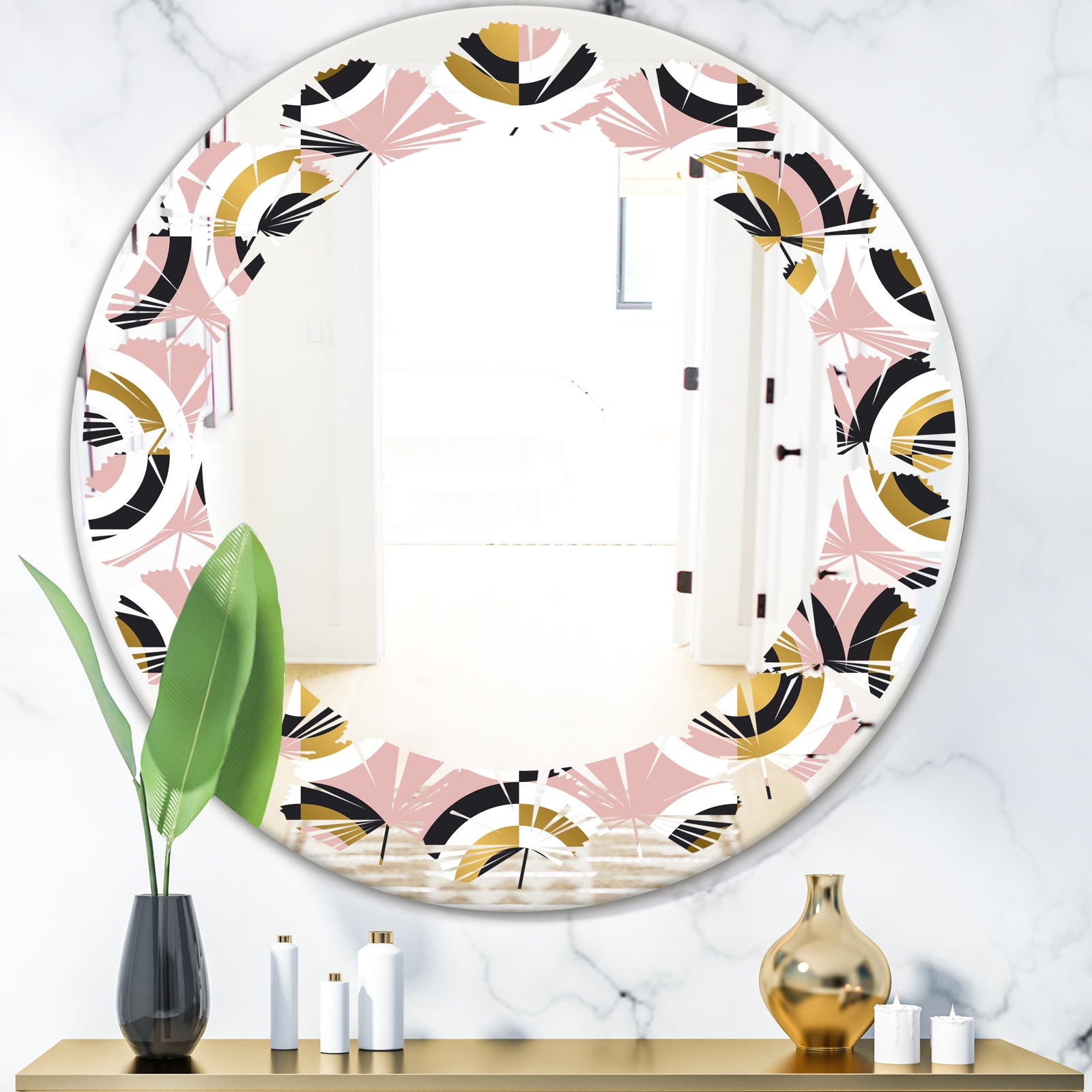 Abstract Geometric Circular Retro I - Modern Round or Oval Wall Mirror - Leaves