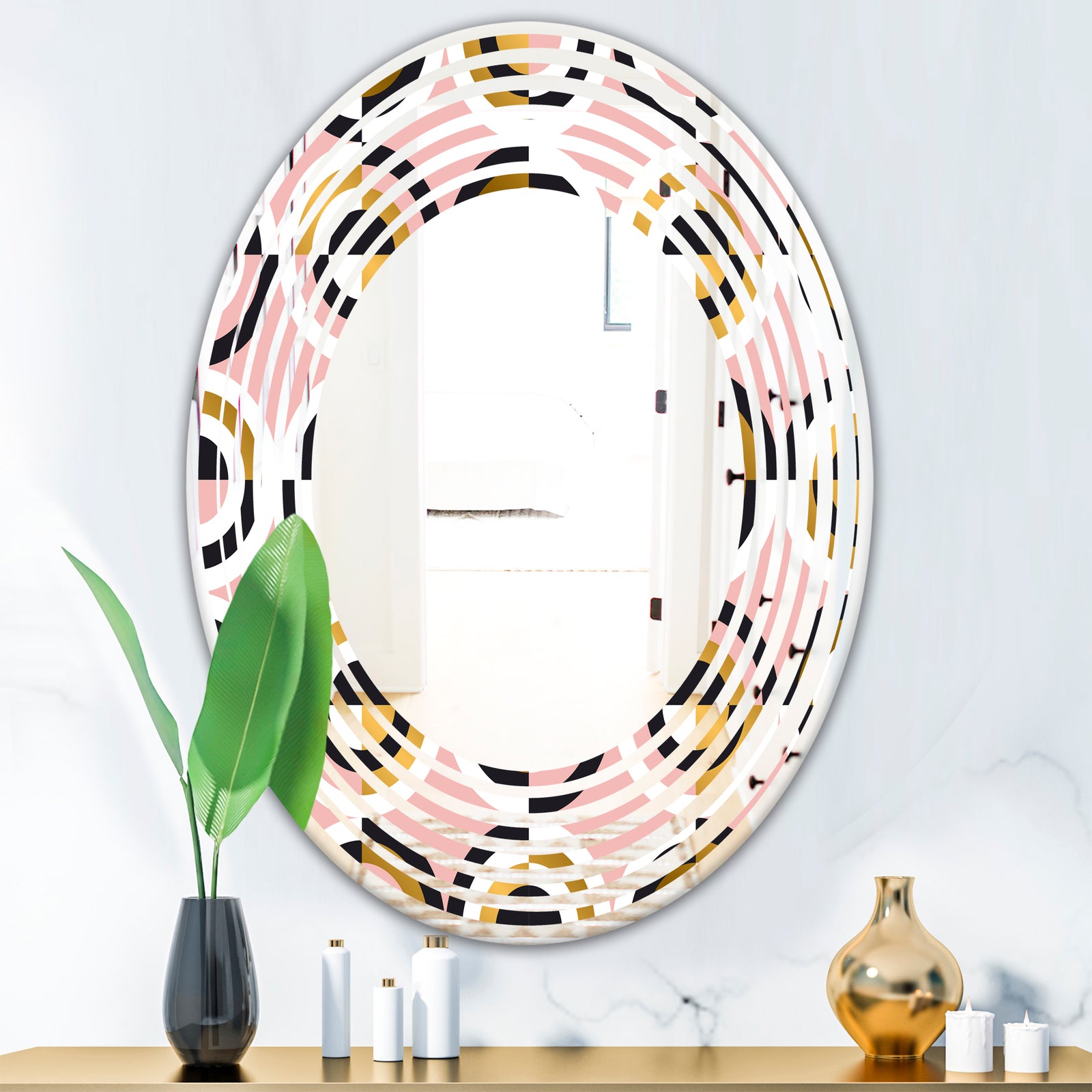 Abstract Geometric Circular Retro I - Modern Round or Oval Wall Mirror - Wave