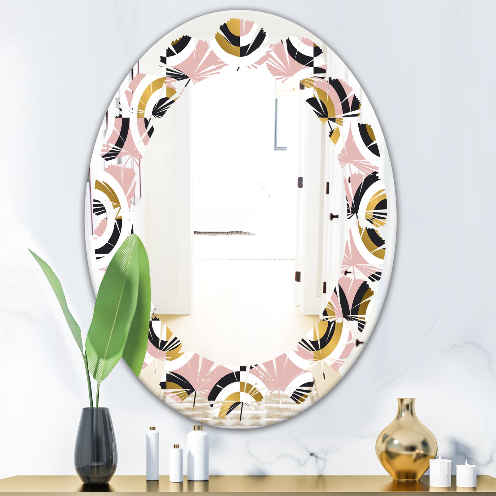 Abstract Geometric Circular Retro I - Modern Round or Oval Wall Mirror - Leaves