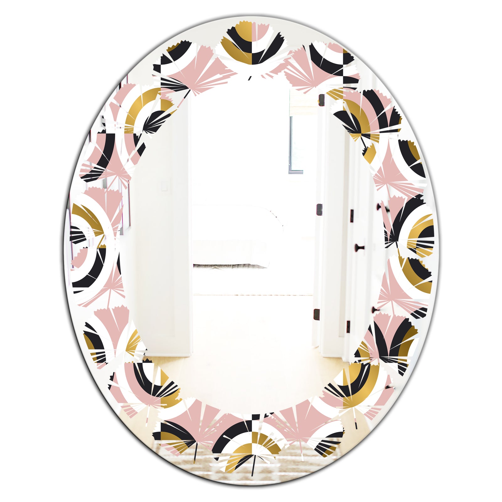Abstract Geometric Circular Retro I - Modern Round or Oval Wall Mirror - Leaves