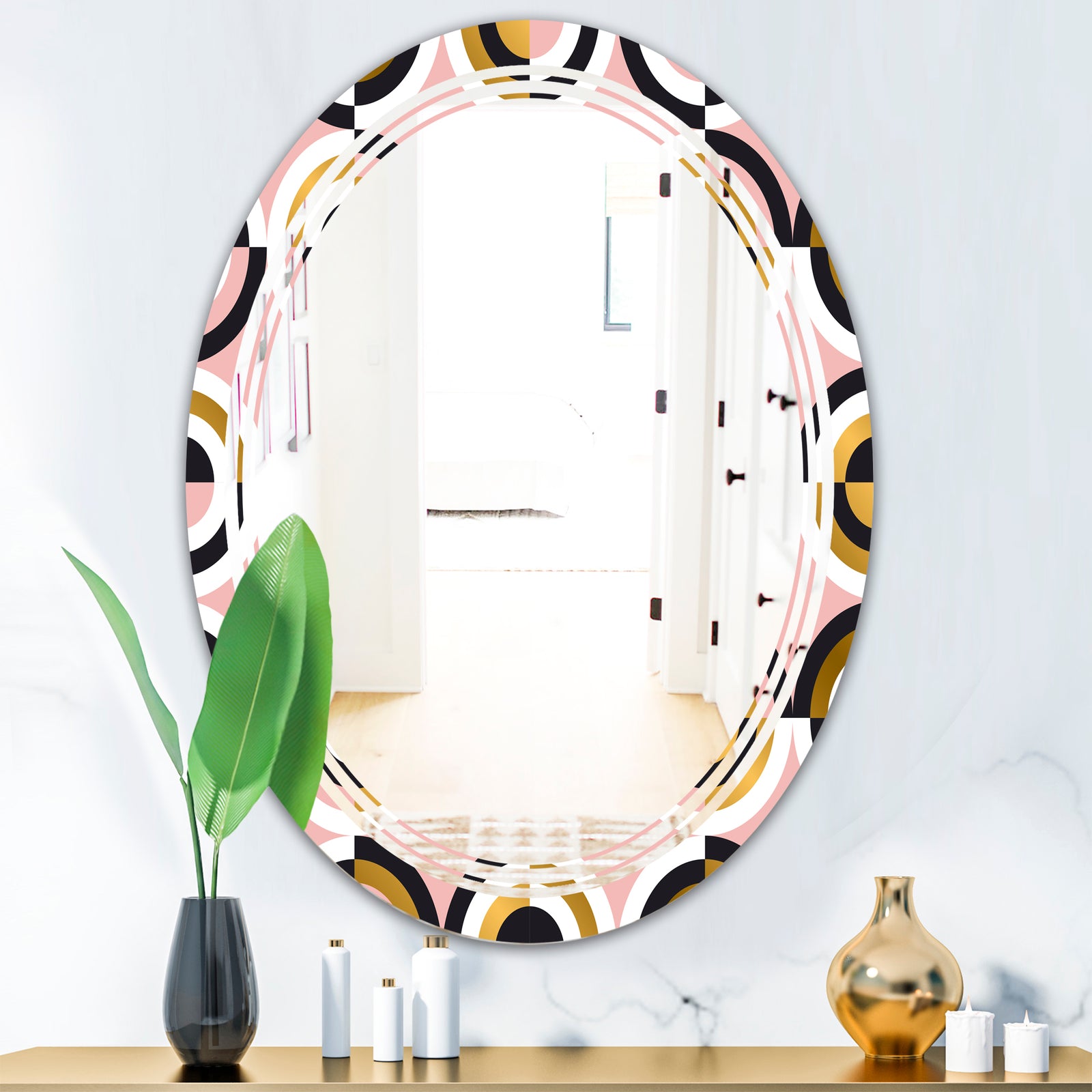 Abstract Geometric Circular Retro I - Modern Round or Oval Wall Mirror - Triple C