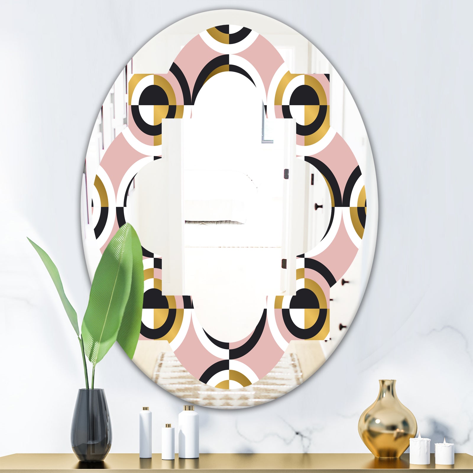 Abstract Geometric Circular Retro I - Modern Round or Oval Wall Mirror - Quatrefoil