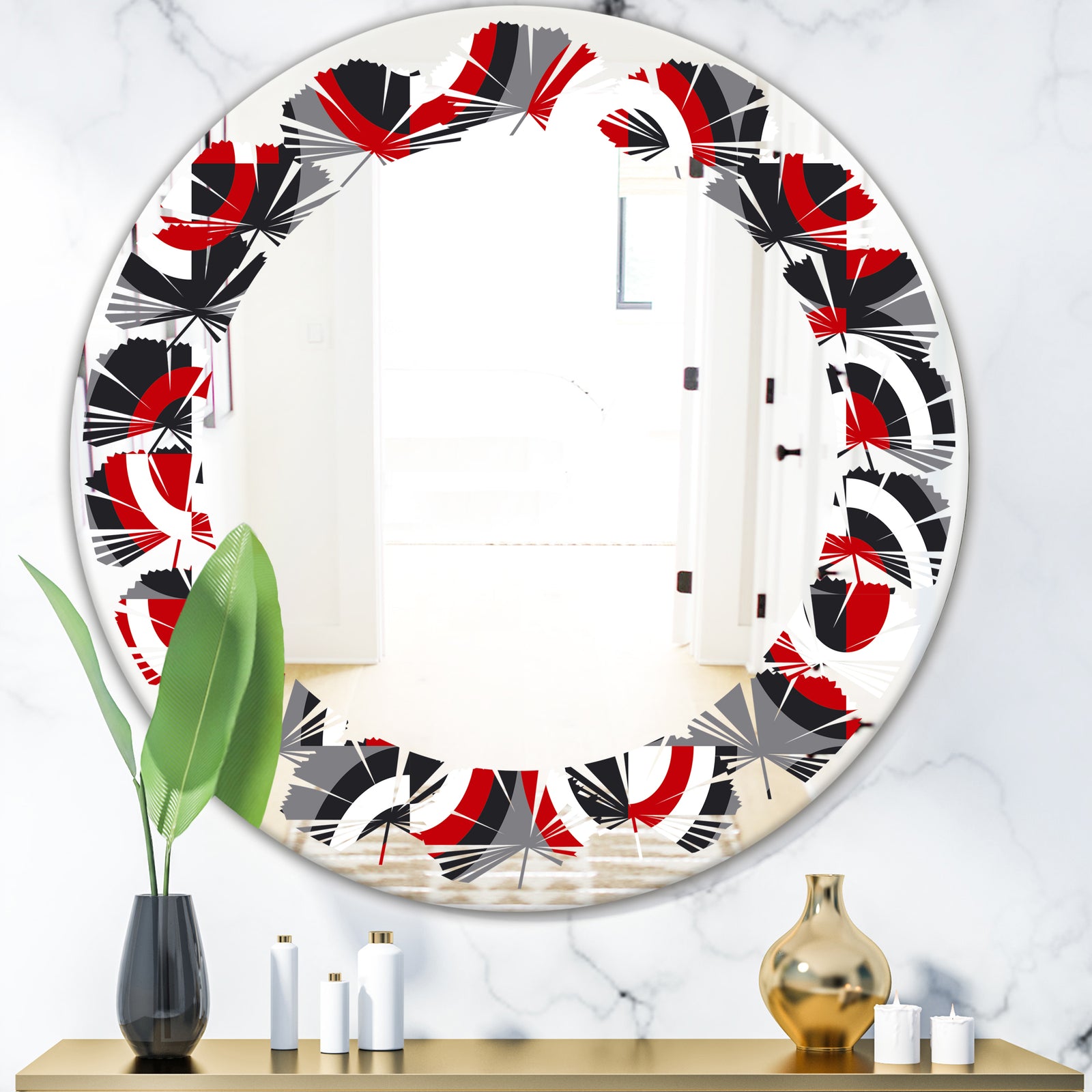 Retro Circular Pattern Geometrical - Modern Round or Oval Wall Mirror - Leaves