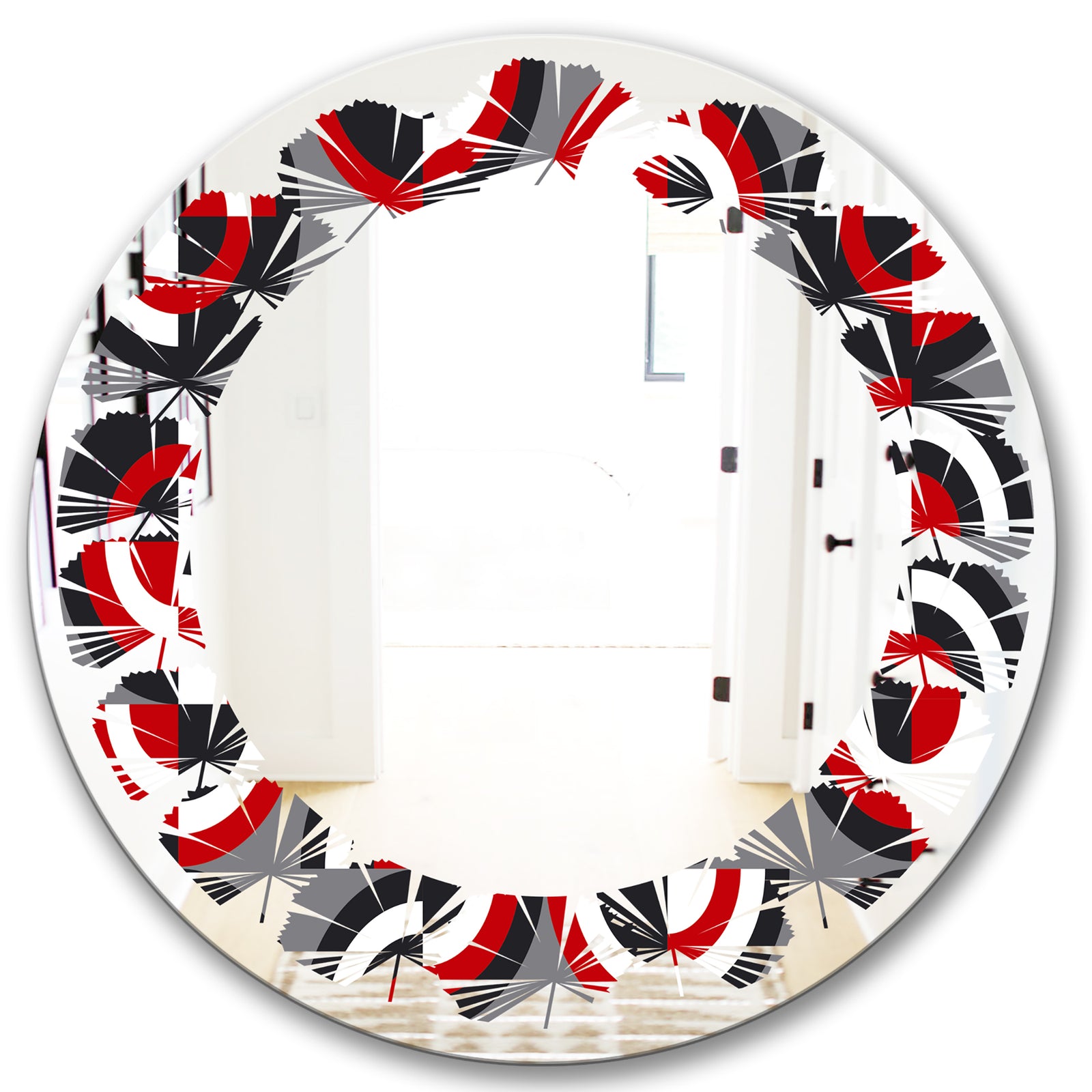 Retro Circular Pattern Geometrical - Modern Round or Oval Wall Mirror - Leaves