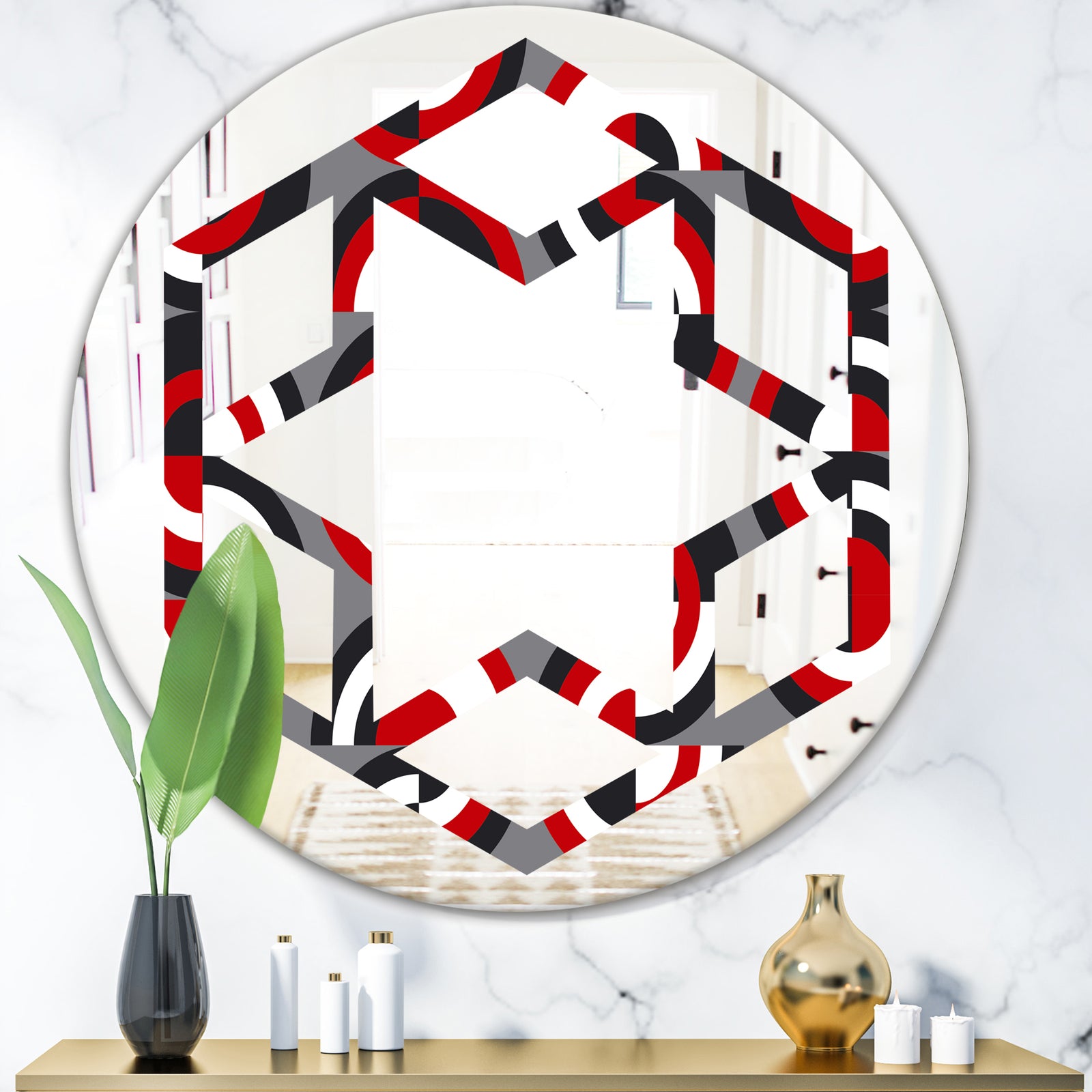 Retro Circular Pattern Geometrical - Modern Round or Oval Wall Mirror - Hexagon Star