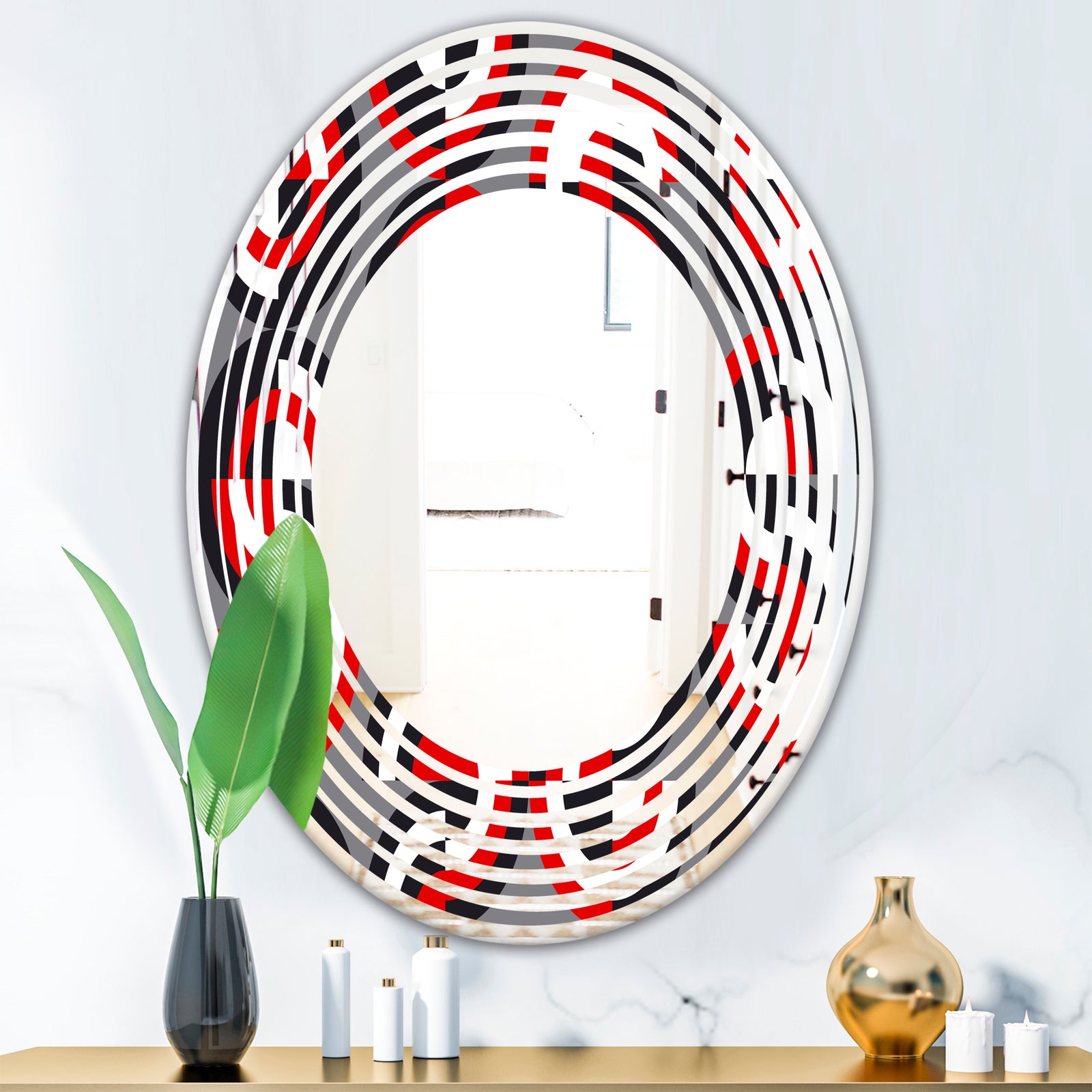 Retro Circular Pattern Geometrical - Modern Round or Oval Wall Mirror - Wave