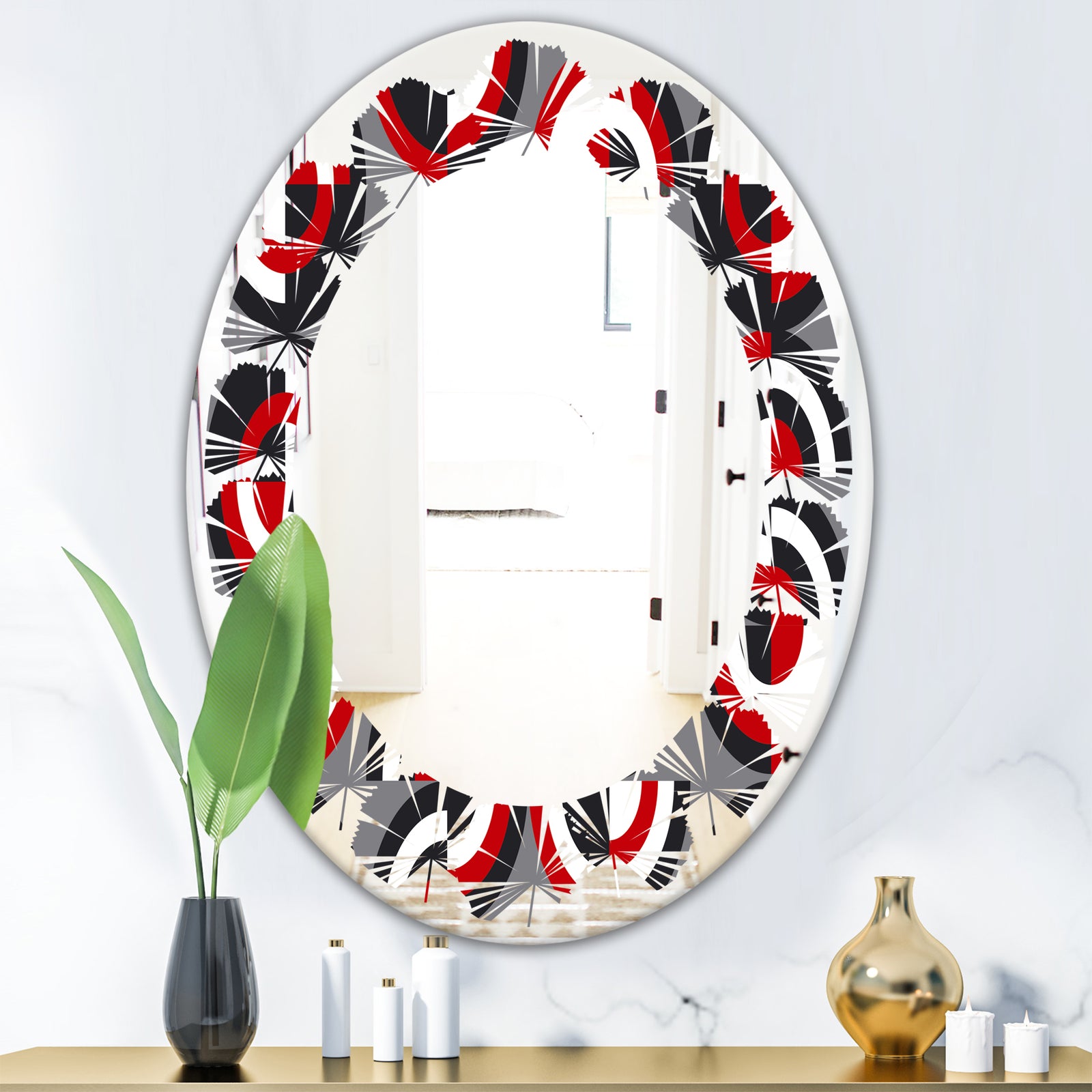 Retro Circular Pattern Geometrical - Modern Round or Oval Wall Mirror - Leaves