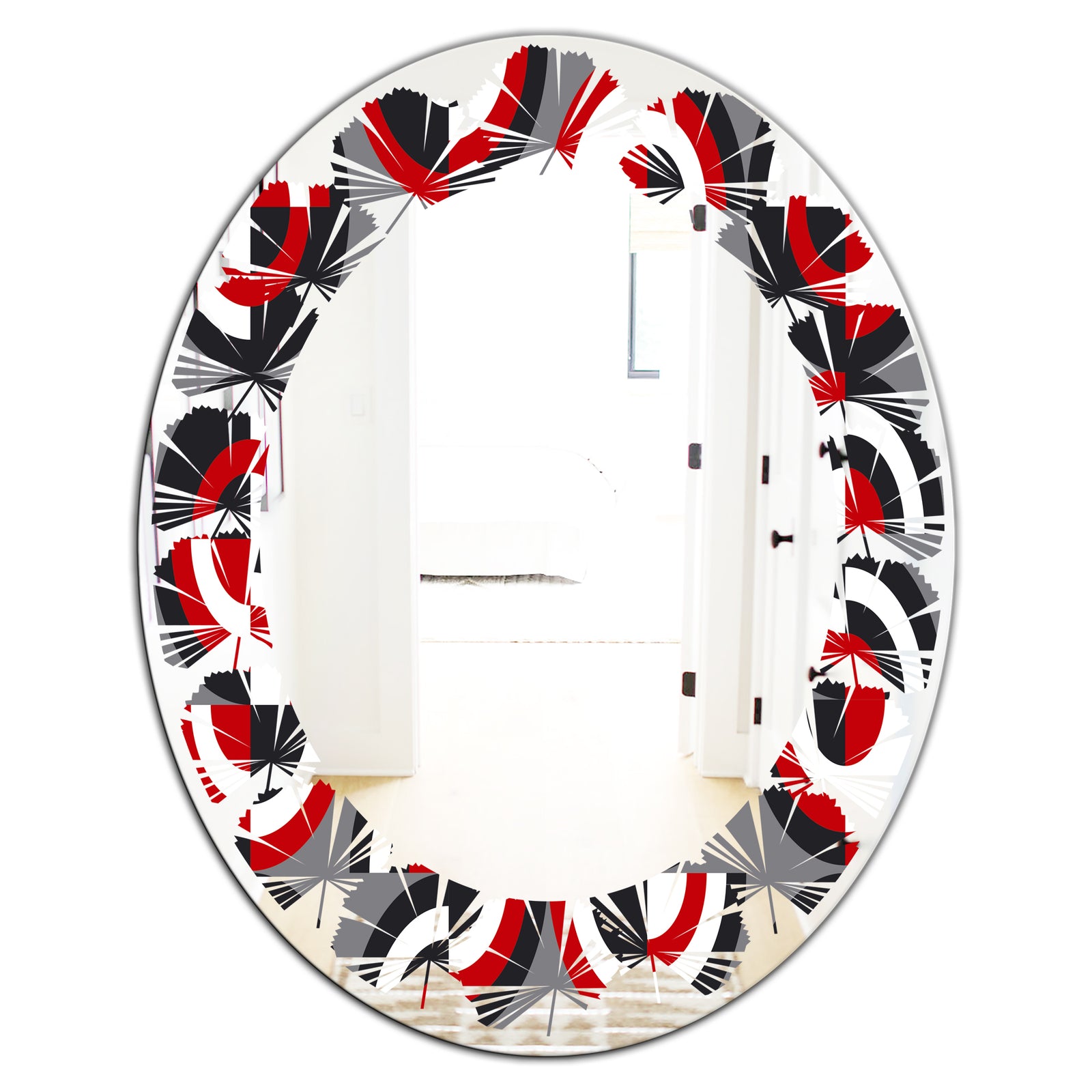 Retro Circular Pattern Geometrical - Modern Round or Oval Wall Mirror - Leaves