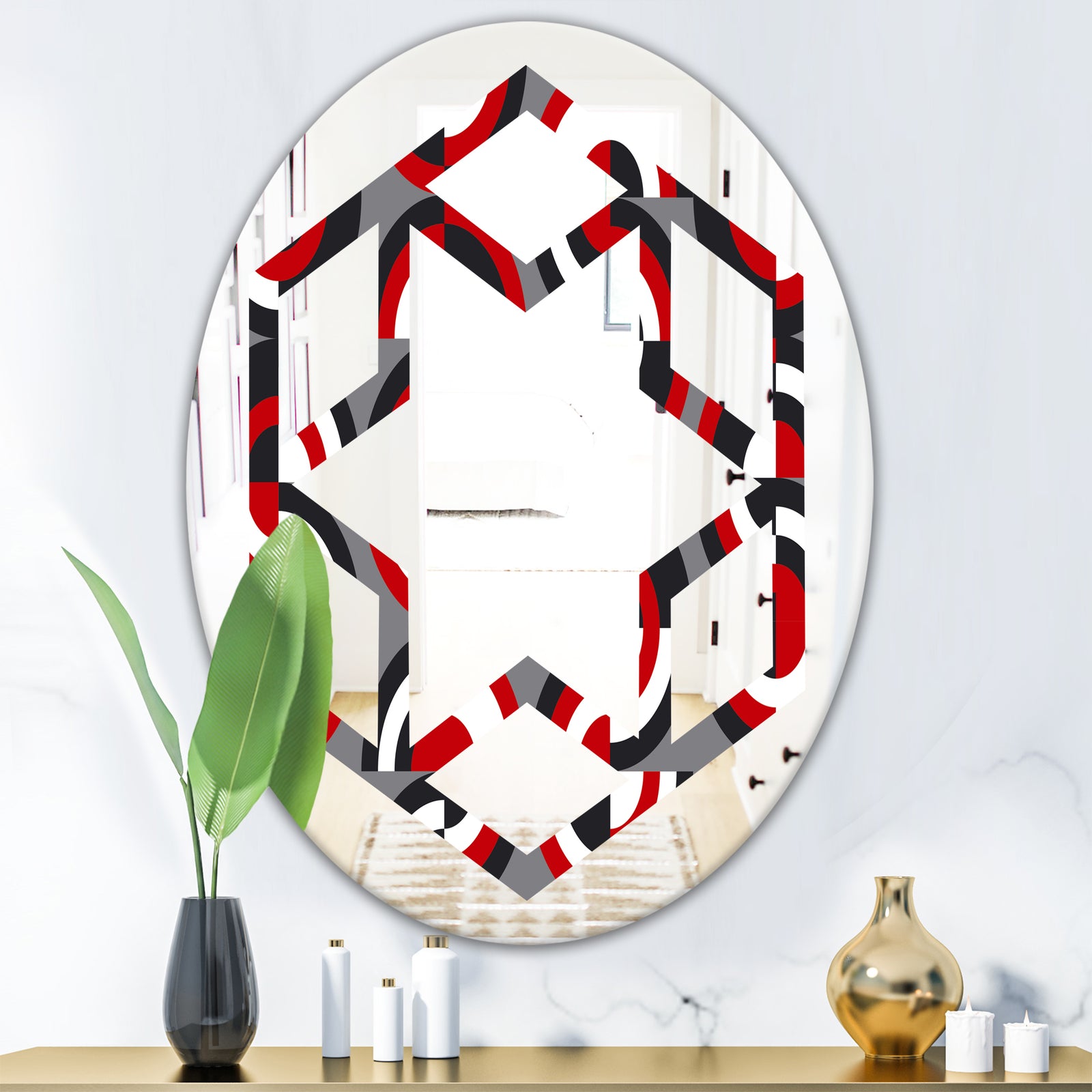 Retro Circular Pattern Geometrical - Modern Round or Oval Wall Mirror - Hexagon Star
