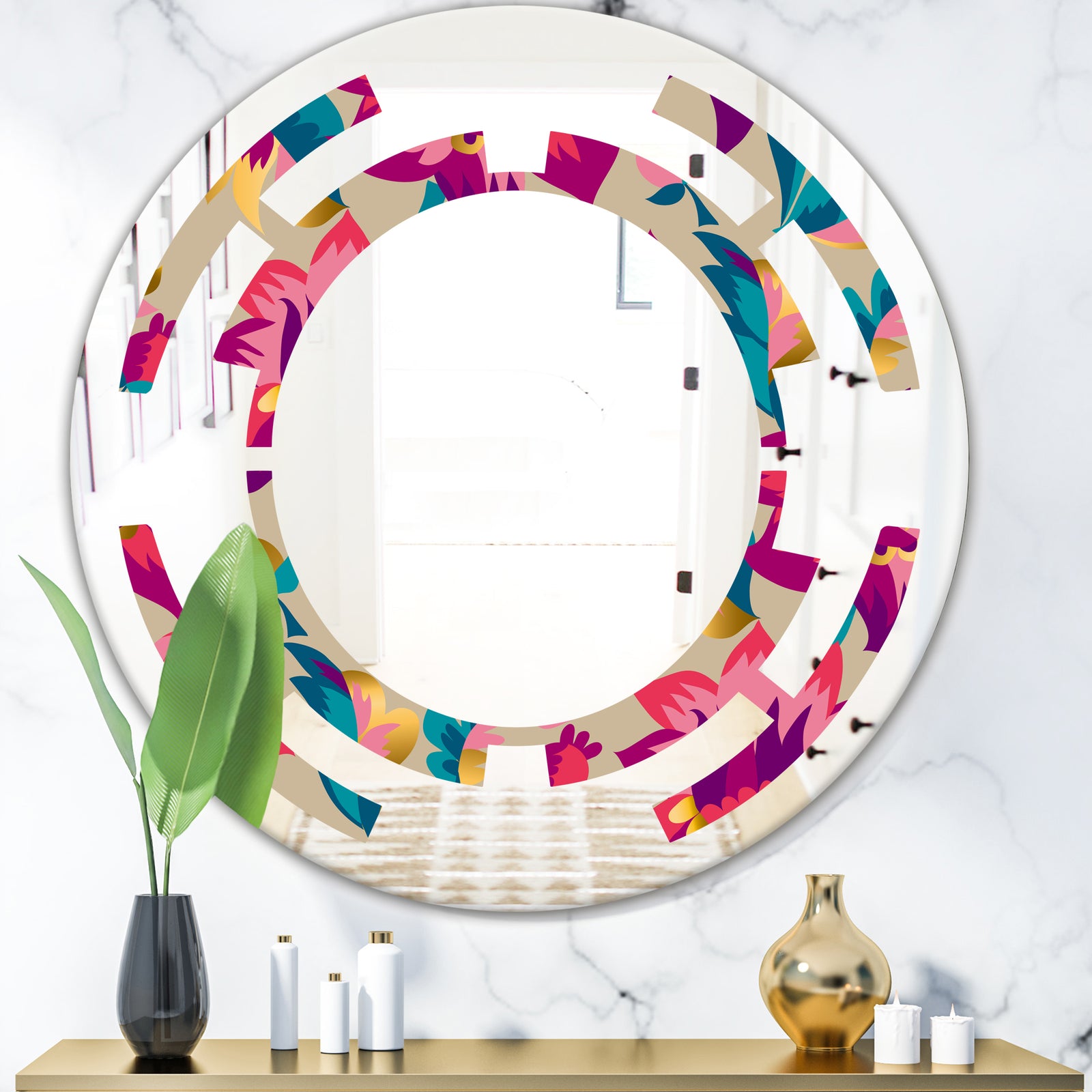 Elegant blossom hand drawn folk pattern - Cottage Round or Oval Wall Mirror - Space