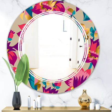 Elegant blossom hand drawn folk pattern - Cottage Round or Oval Wall Mirror - Triple C