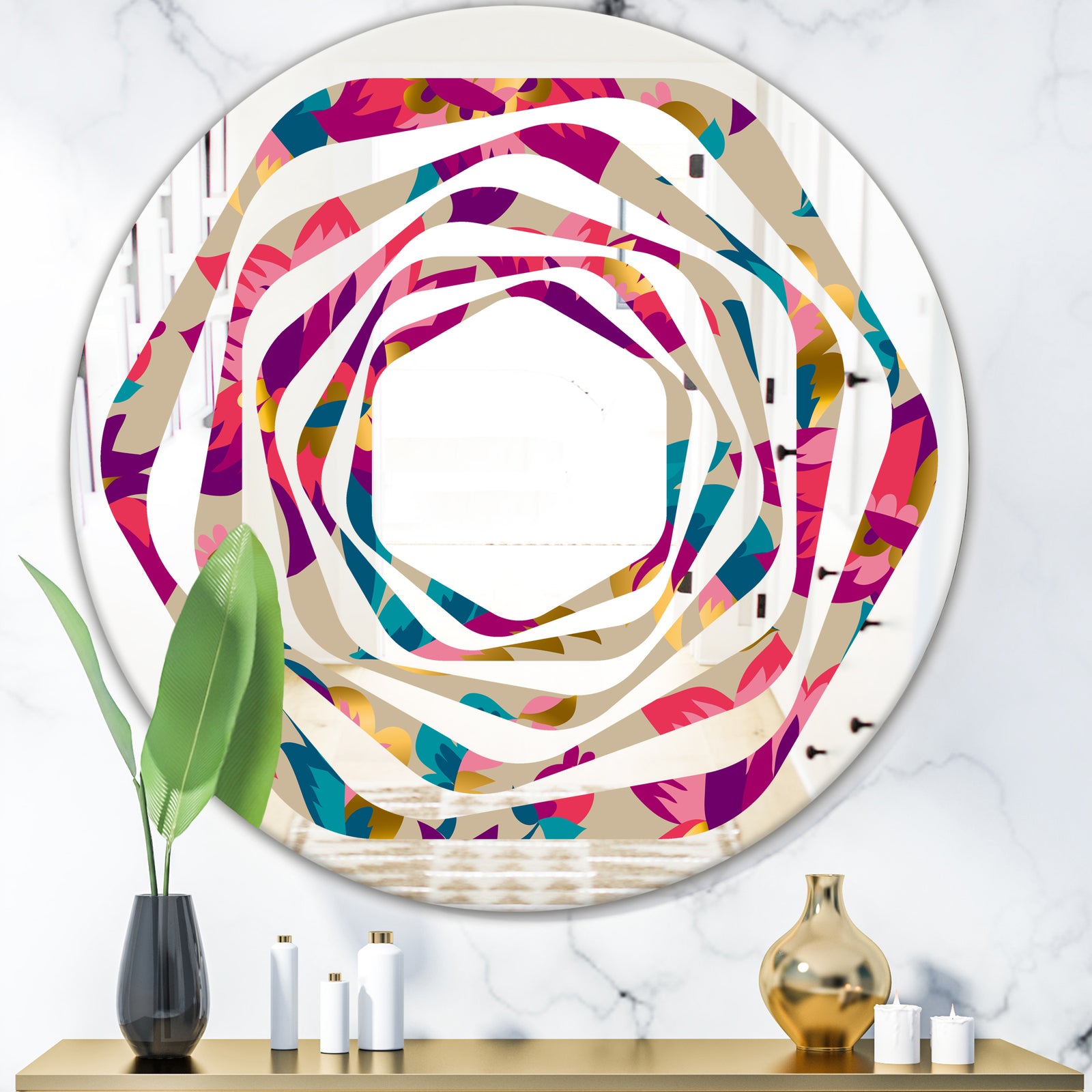 Elegant blossom hand drawn folk pattern - Cottage Round or Oval Wall Mirror - Whirl