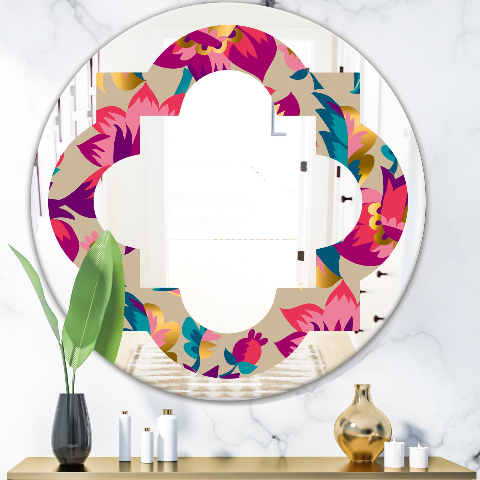 Elegant blossom hand drawn folk pattern - Cottage Round or Oval Wall Mirror - Quatrefoil