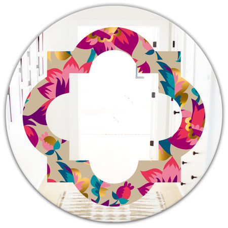 Elegant blossom hand drawn folk pattern - Cottage Round or Oval Wall Mirror - Quatrefoil