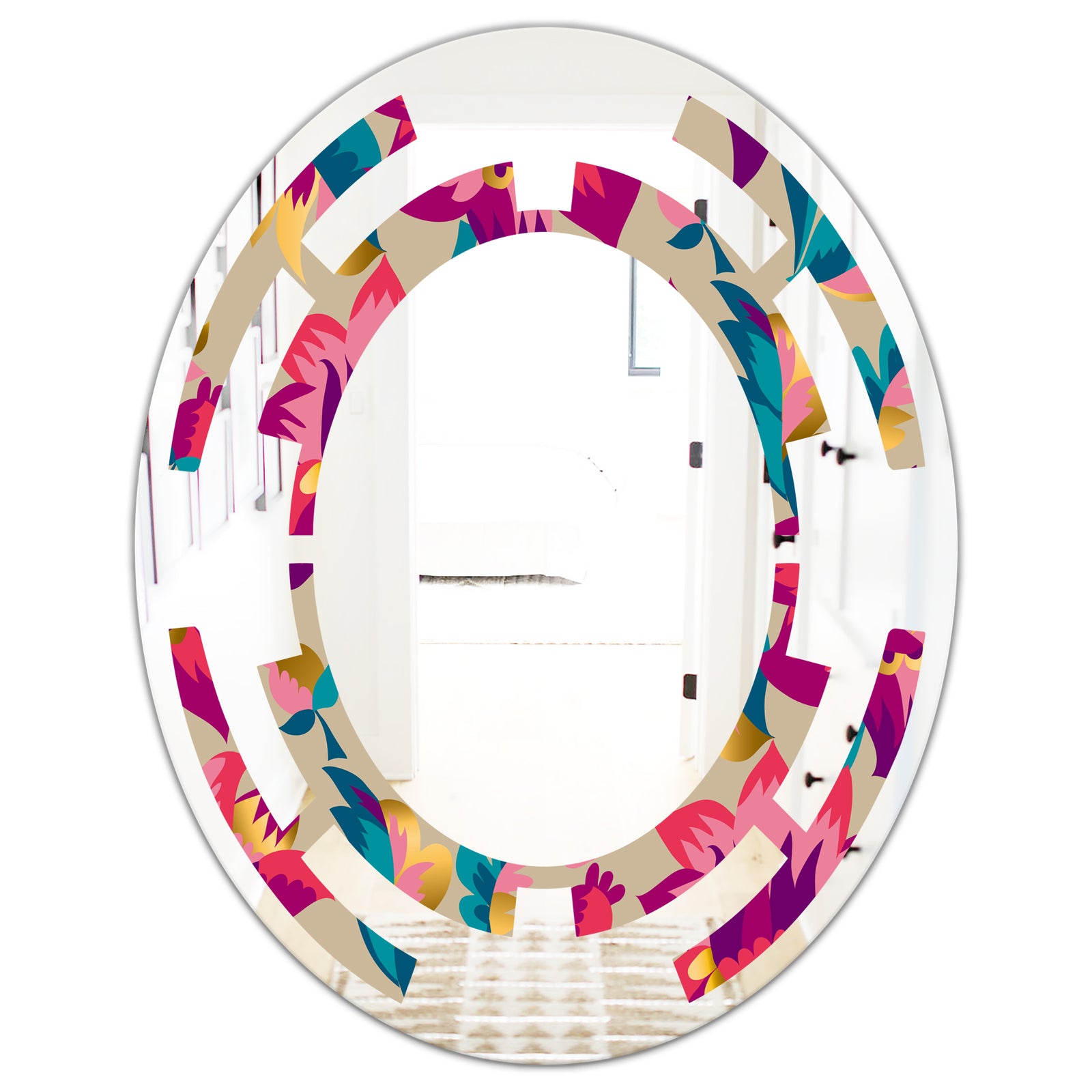 Elegant blossom hand drawn folk pattern - Cottage Round or Oval Wall Mirror - Space