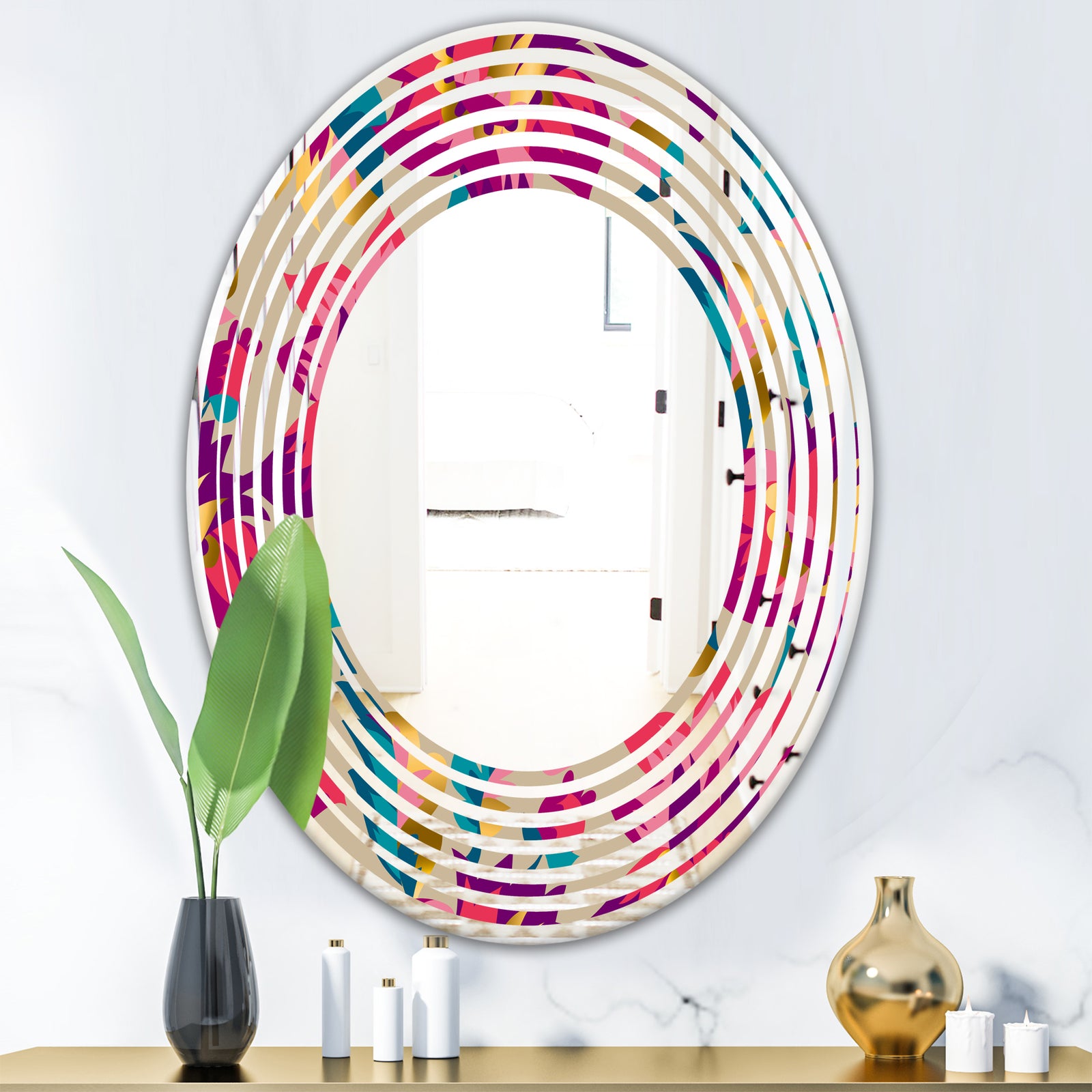Elegant blossom hand drawn folk pattern - Cottage Round or Oval Wall Mirror - Wave