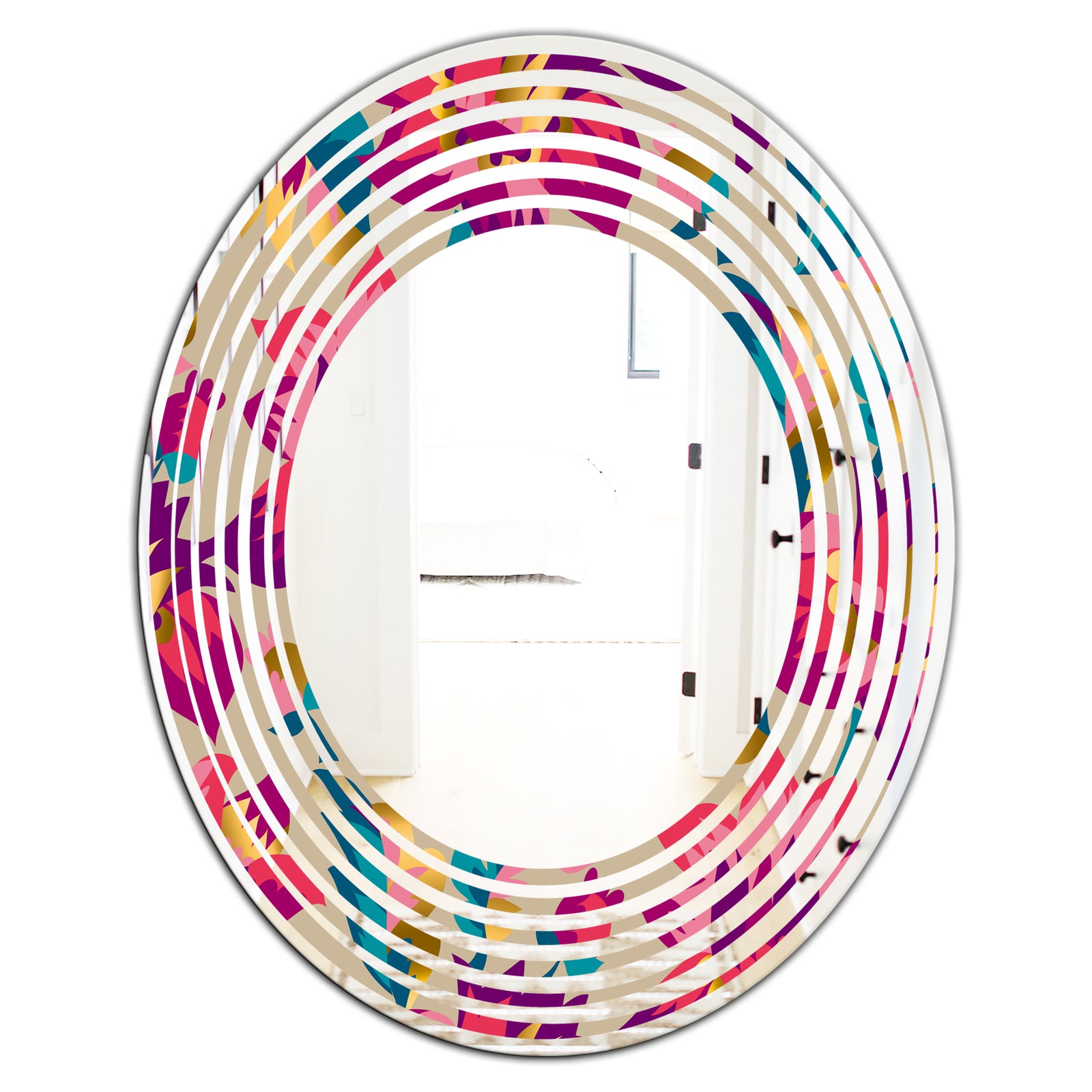 Elegant blossom hand drawn folk pattern - Cottage Round or Oval Wall Mirror - Wave