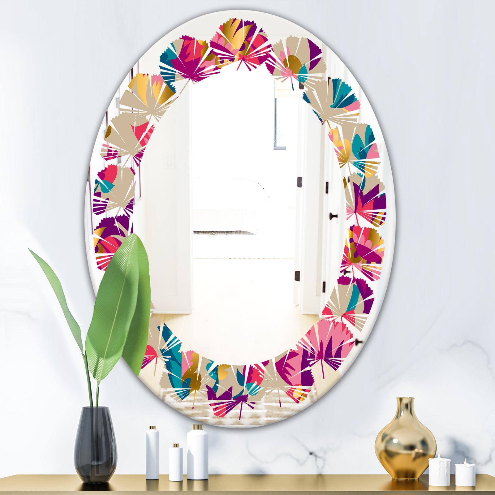 Elegant blossom hand drawn folk pattern - Cottage Round or Oval Wall Mirror - Leaves