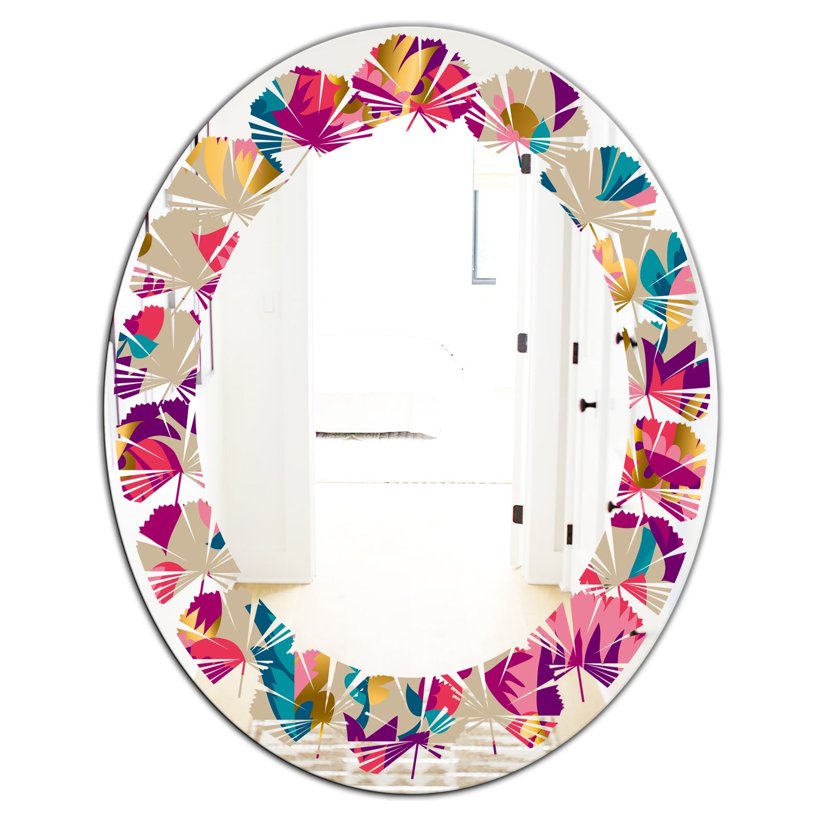 Elegant blossom hand drawn folk pattern - Cottage Round or Oval Wall Mirror - Leaves