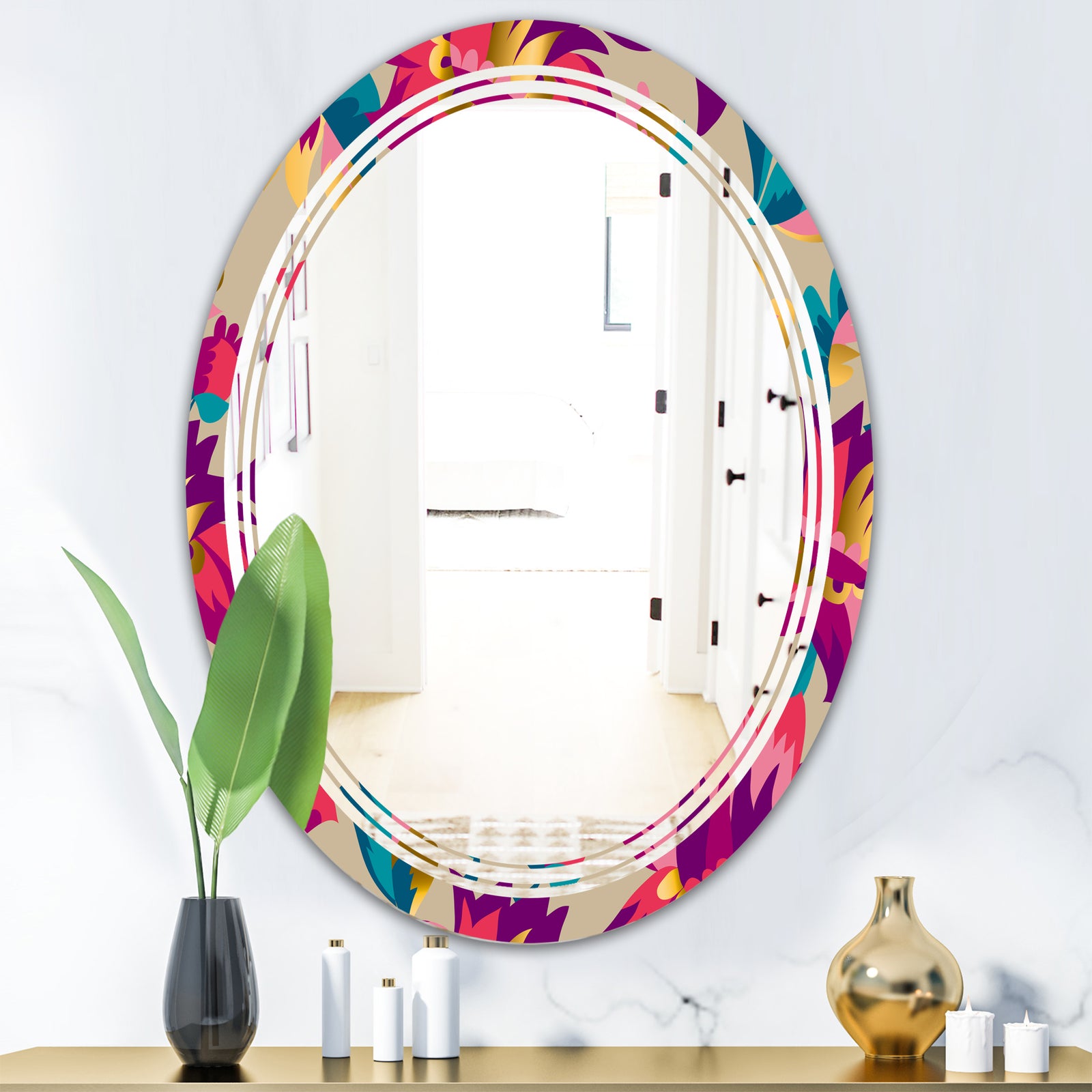 Elegant blossom hand drawn folk pattern - Cottage Round or Oval Wall Mirror - Triple C