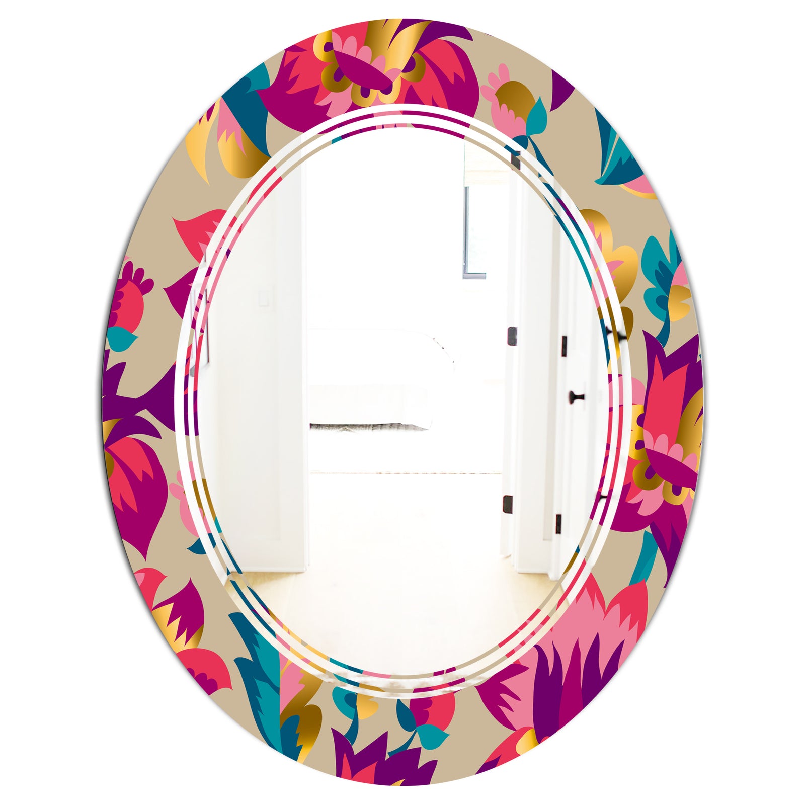 Elegant blossom hand drawn folk pattern - Cottage Round or Oval Wall Mirror - Triple C