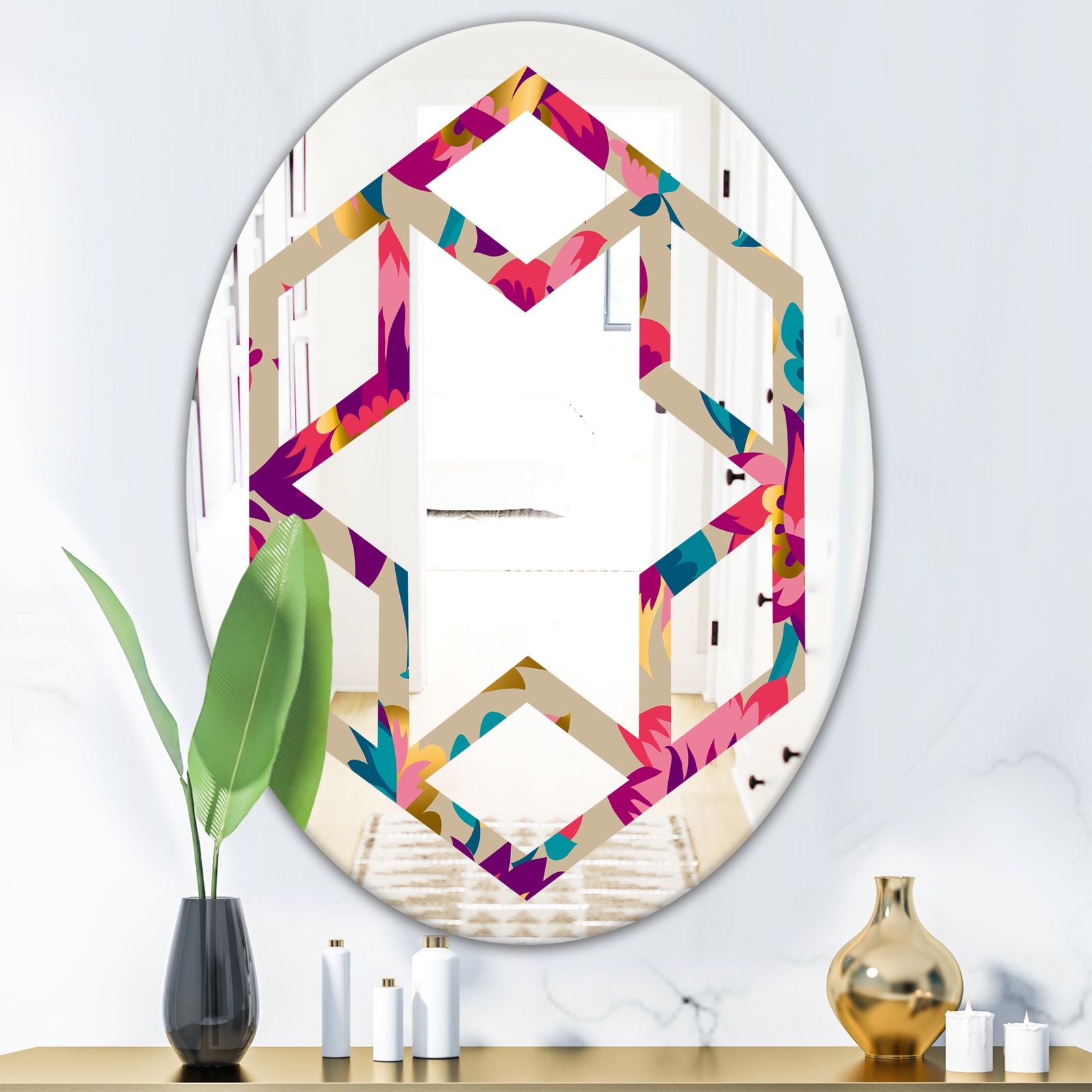Elegant blossom hand drawn folk pattern - Cottage Round or Oval Wall Mirror - Hexagon Star