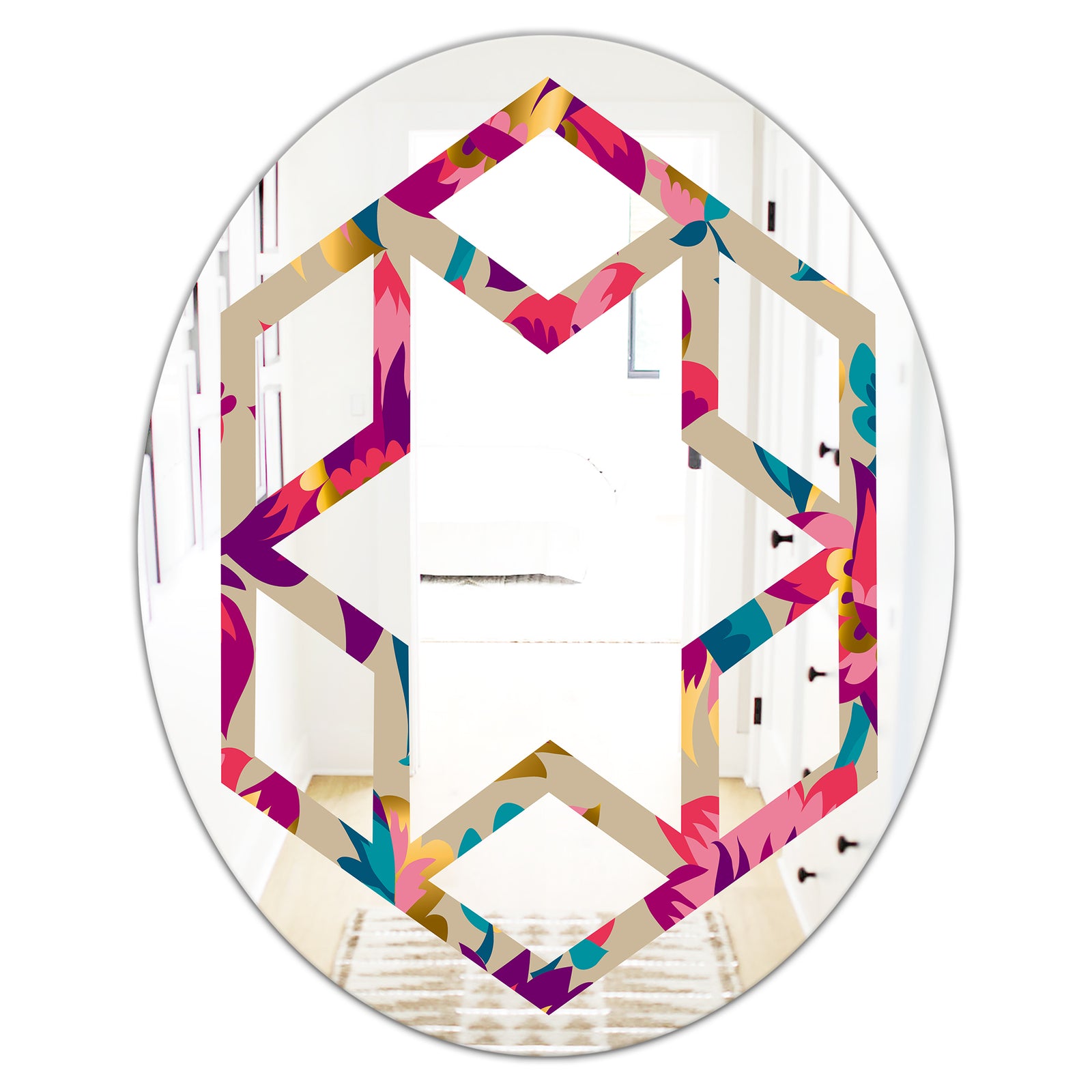 Elegant blossom hand drawn folk pattern - Cottage Round or Oval Wall Mirror - Hexagon Star