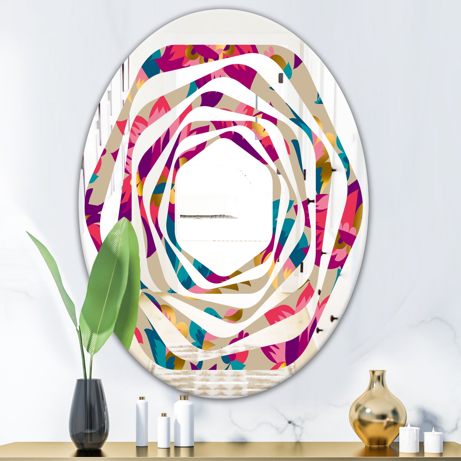 Elegant blossom hand drawn folk pattern - Cottage Round or Oval Wall Mirror - Whirl