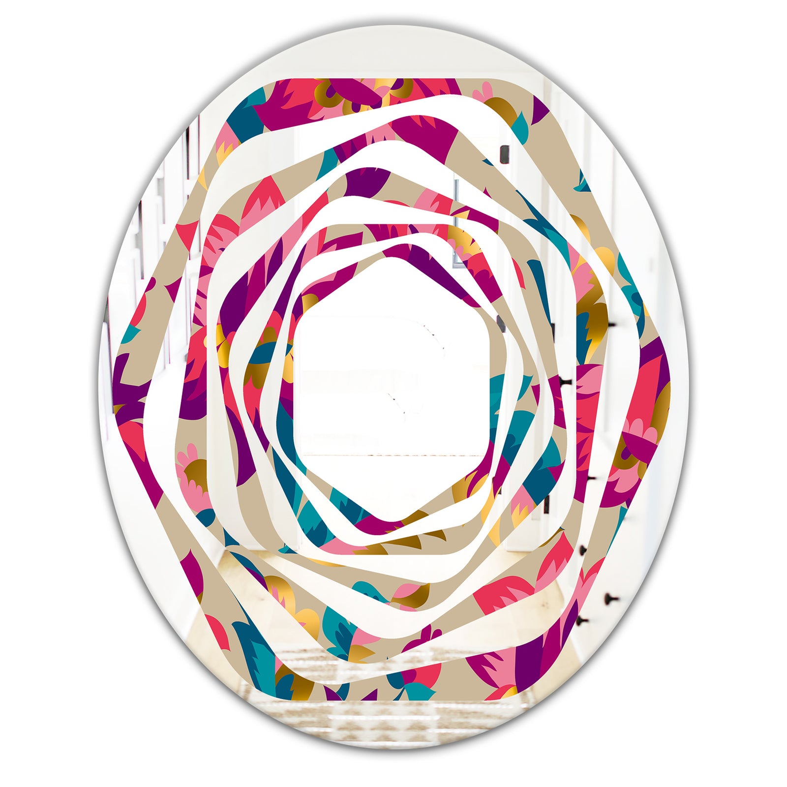 Elegant blossom hand drawn folk pattern - Cottage Round or Oval Wall Mirror - Whirl