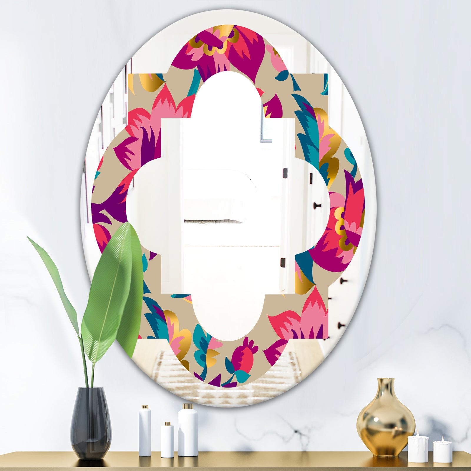 Elegant blossom hand drawn folk pattern - Cottage Round or Oval Wall Mirror - Quatrefoil