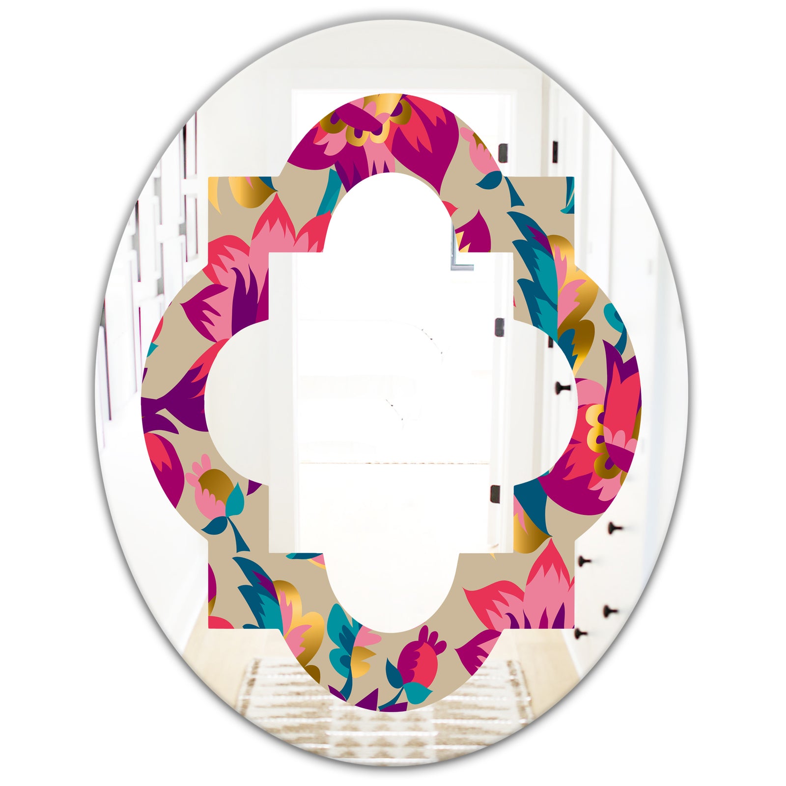 Elegant blossom hand drawn folk pattern - Cottage Round or Oval Wall Mirror - Quatrefoil