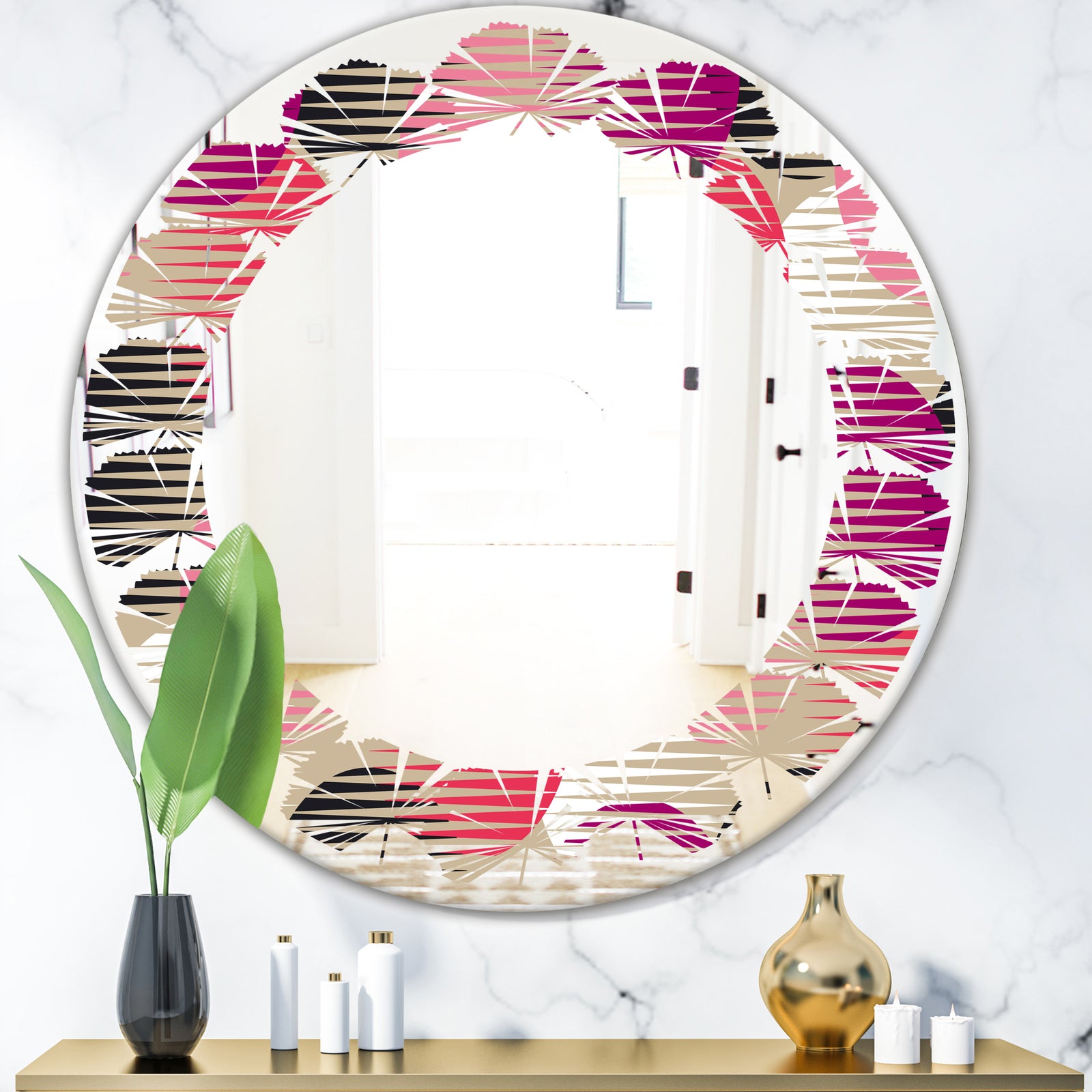 Retro Circular Pattern VIII - Modern Round or Oval Wall Mirror - Leaves