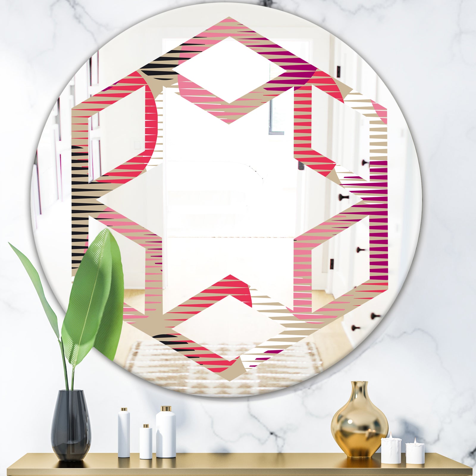 Retro Circular Pattern VIII - Modern Round or Oval Wall Mirror - Hexagon Star