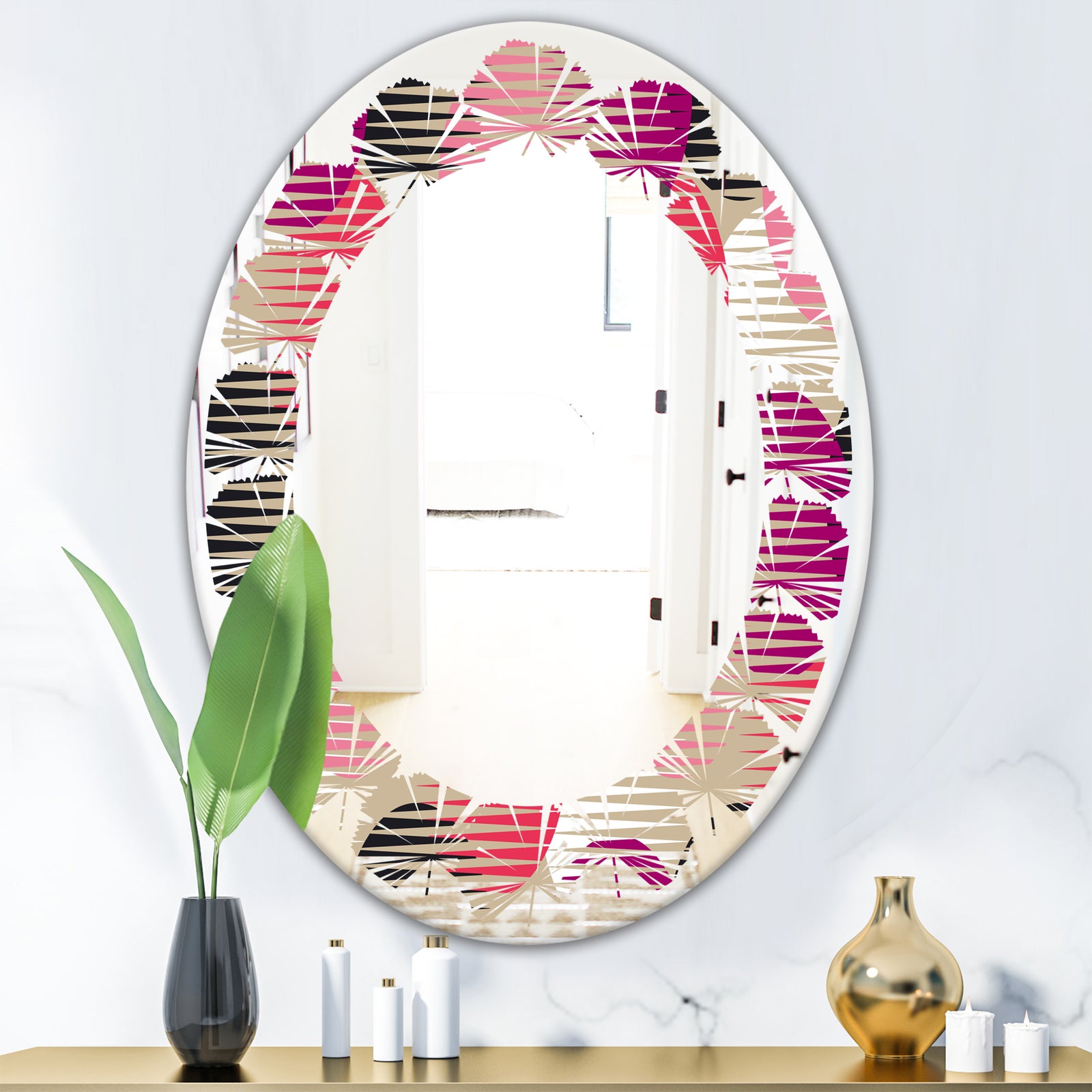 Retro Circular Pattern VIII - Modern Round or Oval Wall Mirror - Leaves