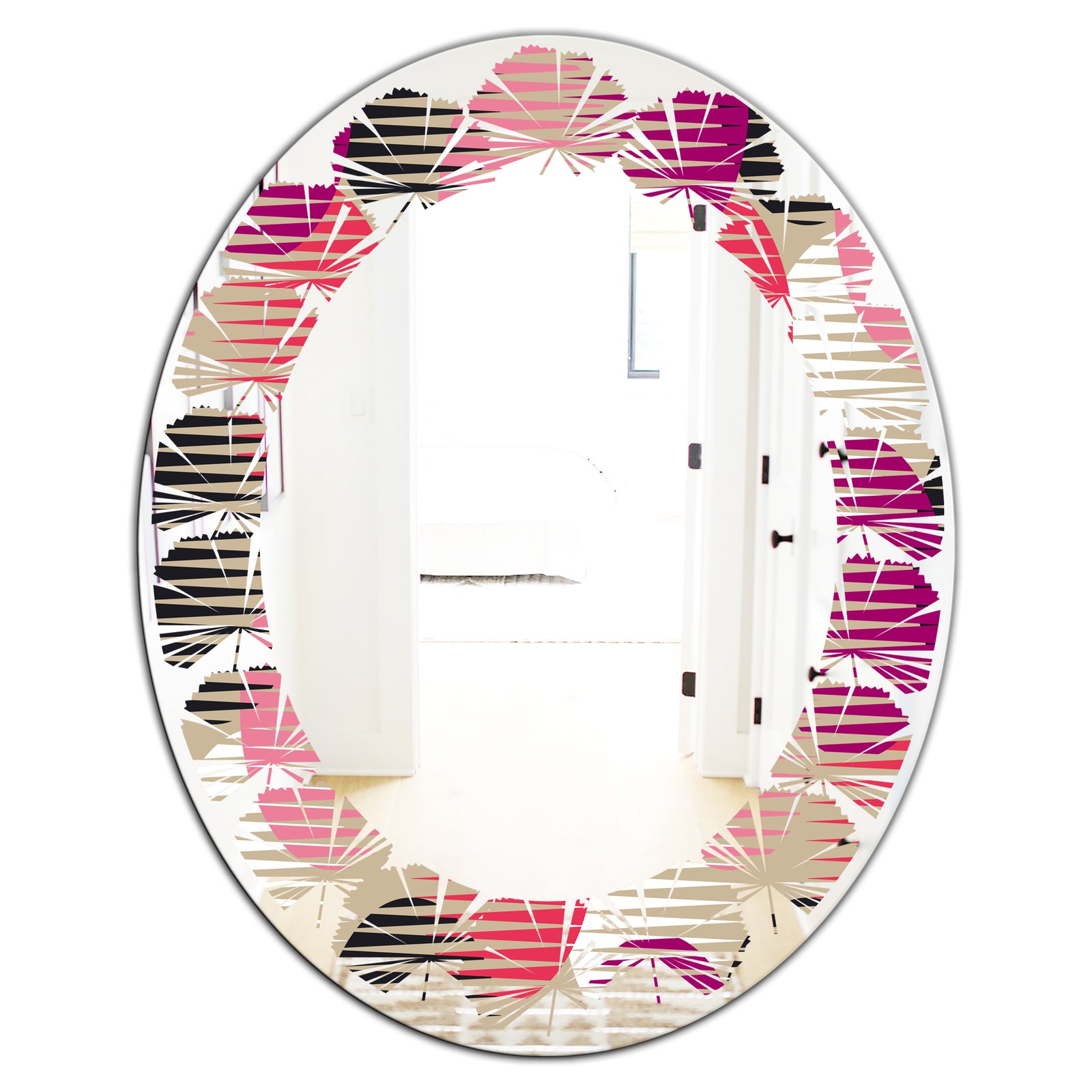 Retro Circular Pattern VIII - Modern Round or Oval Wall Mirror - Leaves