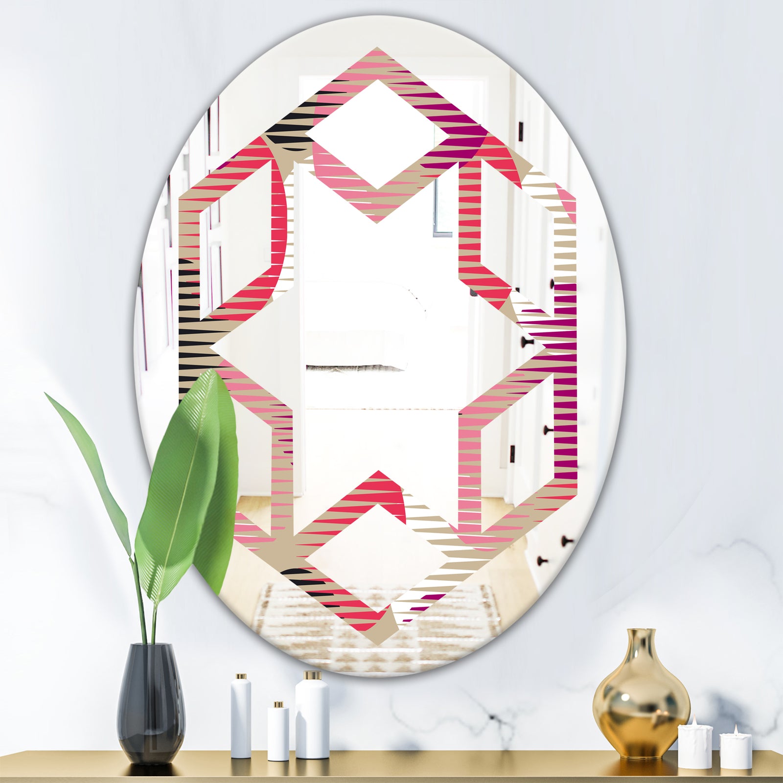 Retro Circular Pattern VIII - Modern Round or Oval Wall Mirror - Hexagon Star