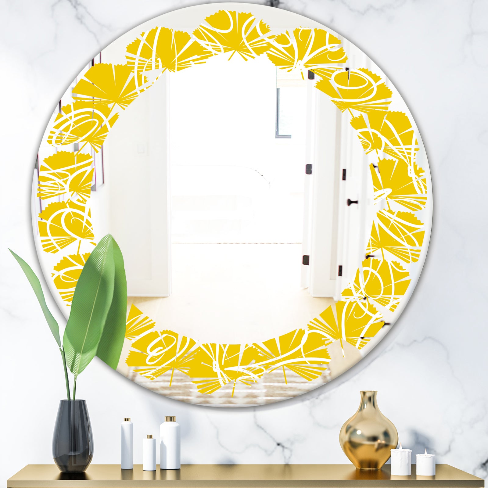 Butterflies hand drawn color pattern - Modern Round or Oval Wall Mirror - Leaves