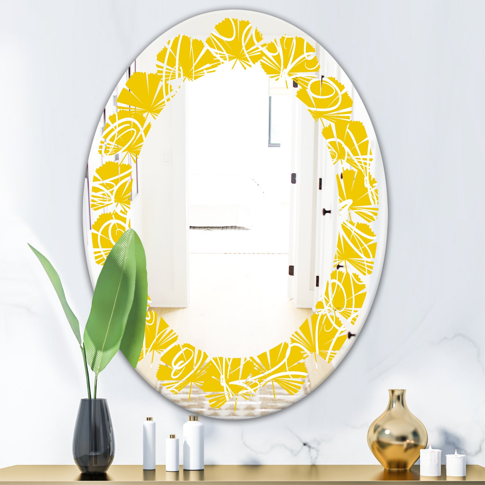 Butterflies hand drawn color pattern - Modern Round or Oval Wall Mirror - Leaves