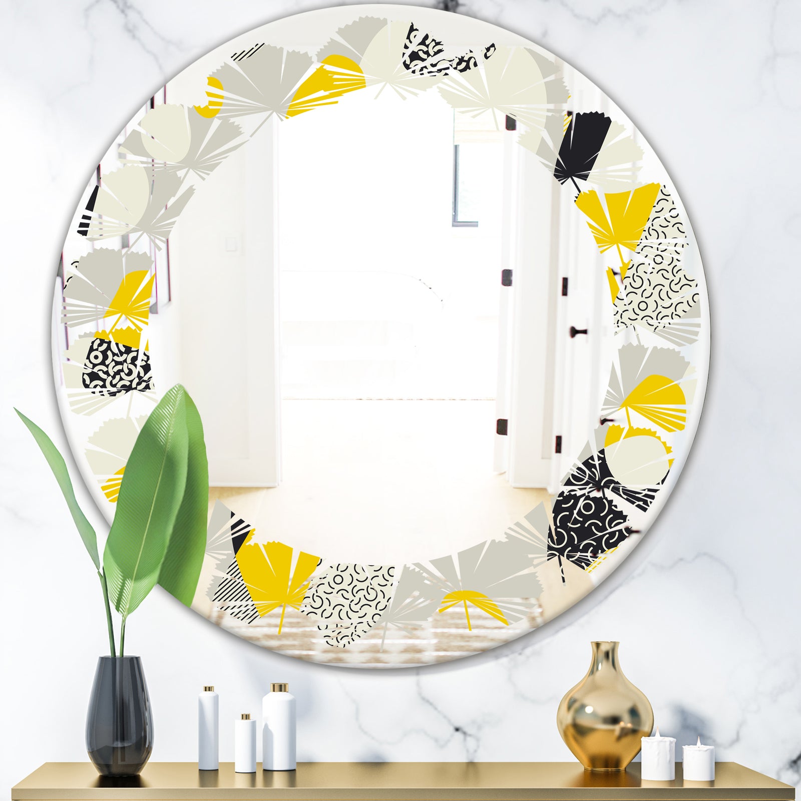 Abstract Design Retro Pattern V - Modern Round or Oval Wall Mirror - Leaves