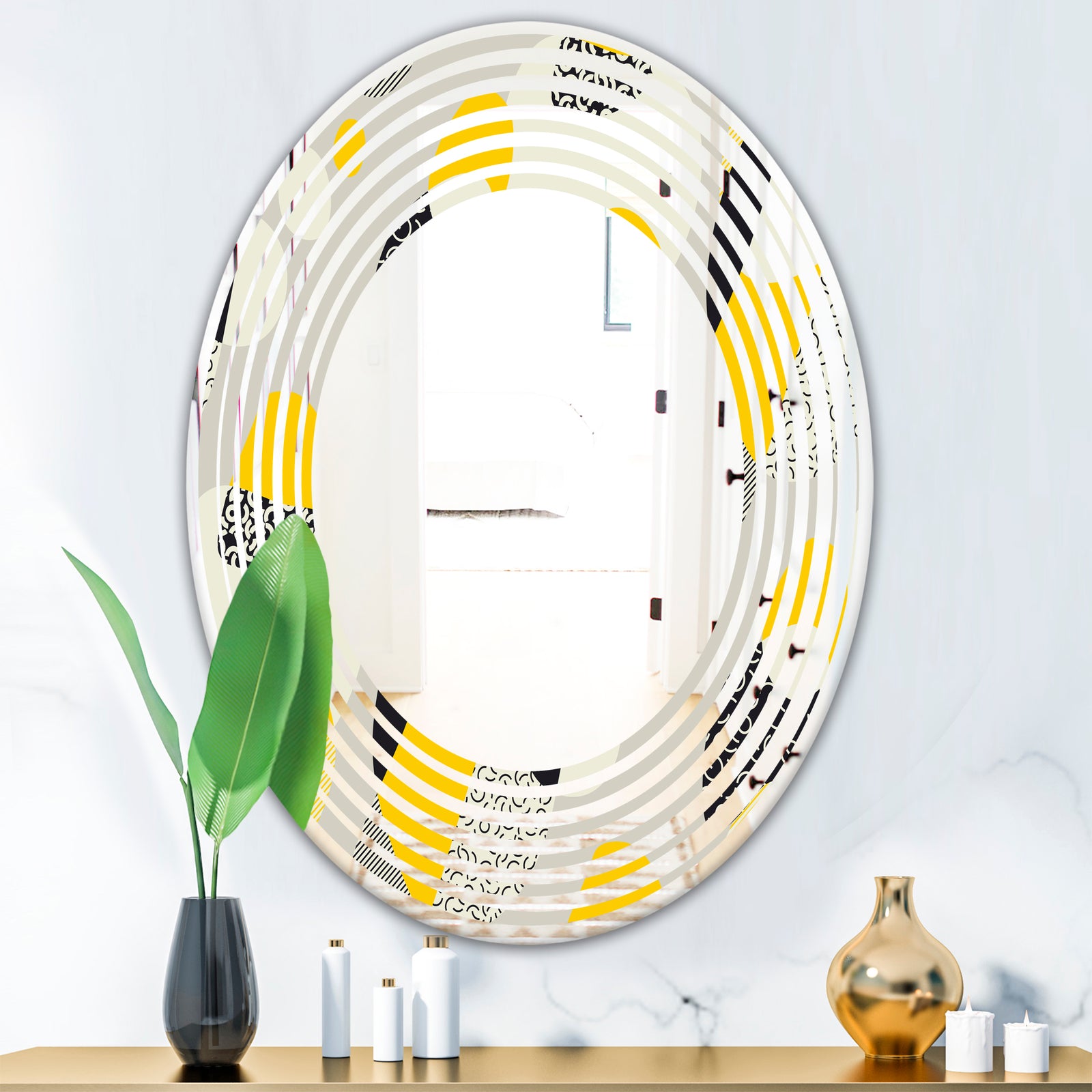 Abstract Design Retro Pattern V - Modern Round or Oval Wall Mirror - Wave