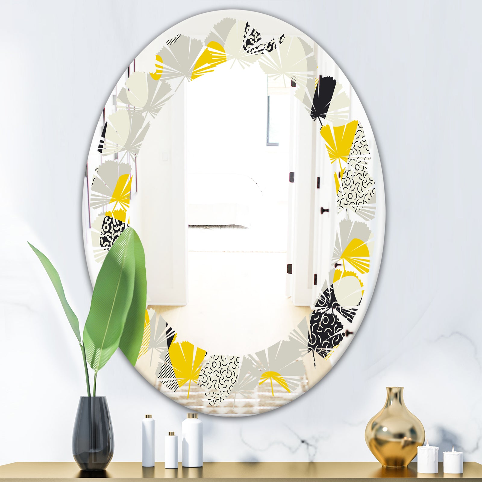 Abstract Design Retro Pattern V - Modern Round or Oval Wall Mirror - Leaves