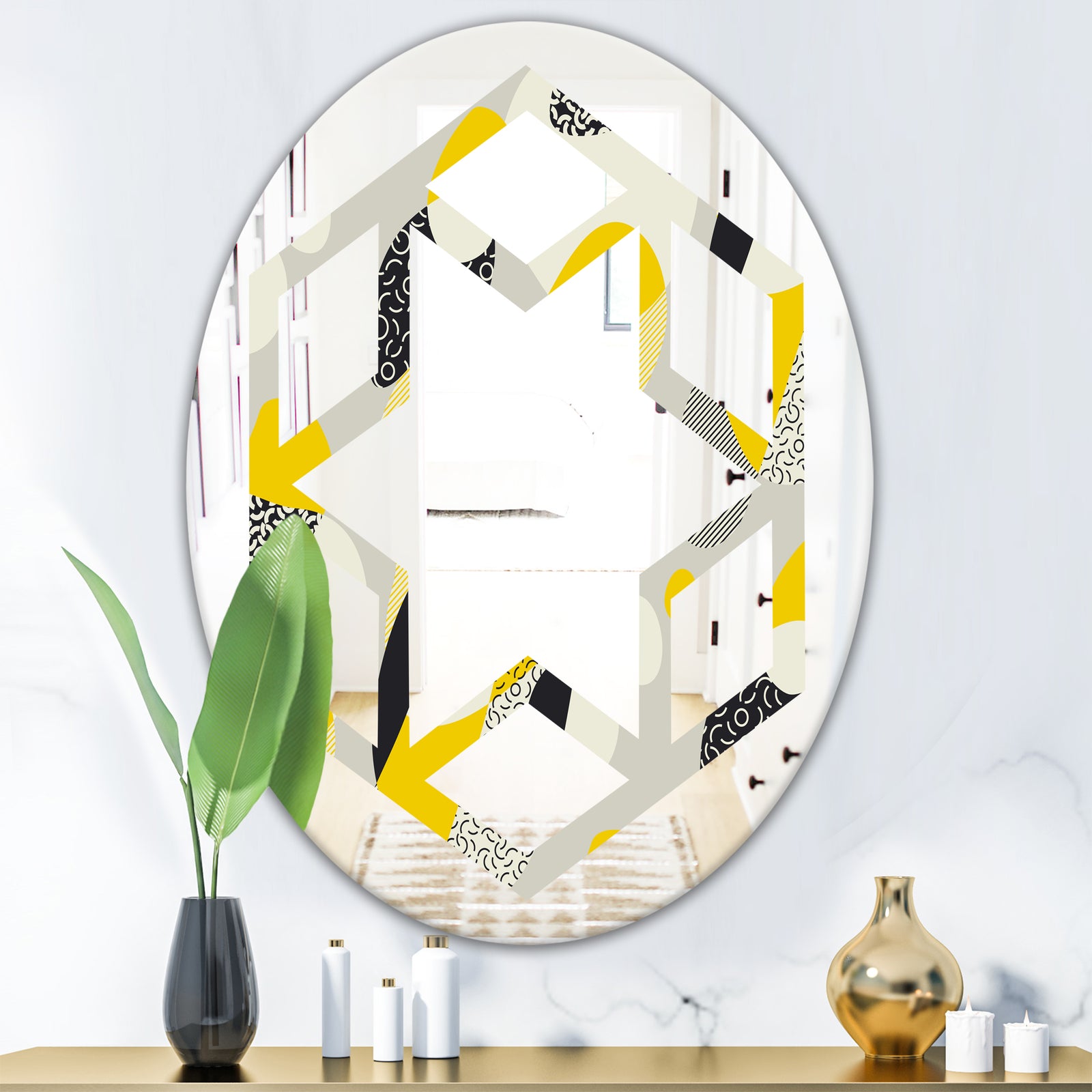 Abstract Design Retro Pattern V - Modern Round or Oval Wall Mirror - Hexagon Star